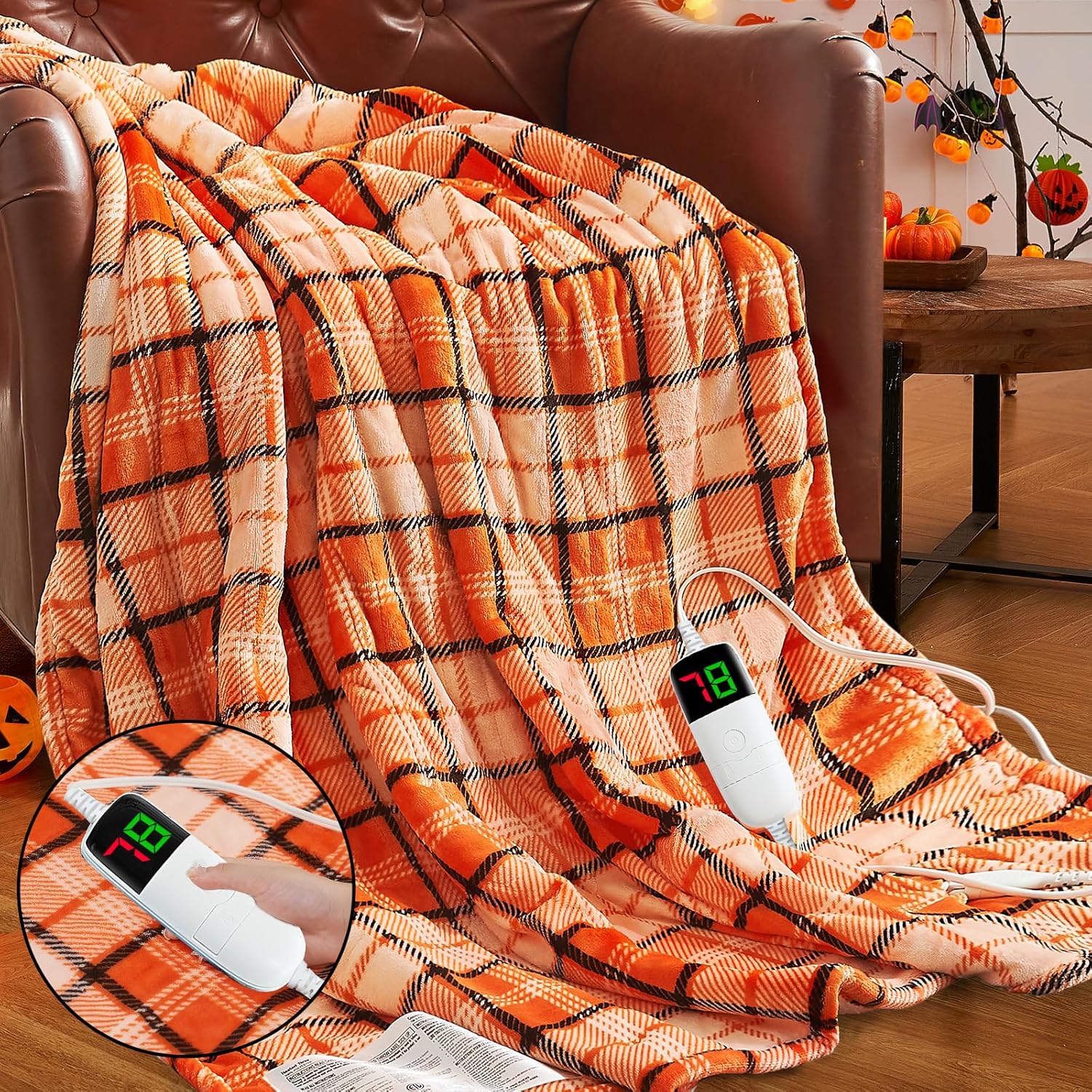 Heated Electric Blanket Full Size,72X84 Heating Blanket,Orange Plaid Soft Sherpa Blankets Warmer Gift for Grandma Women Adult,Fast Heating Washable