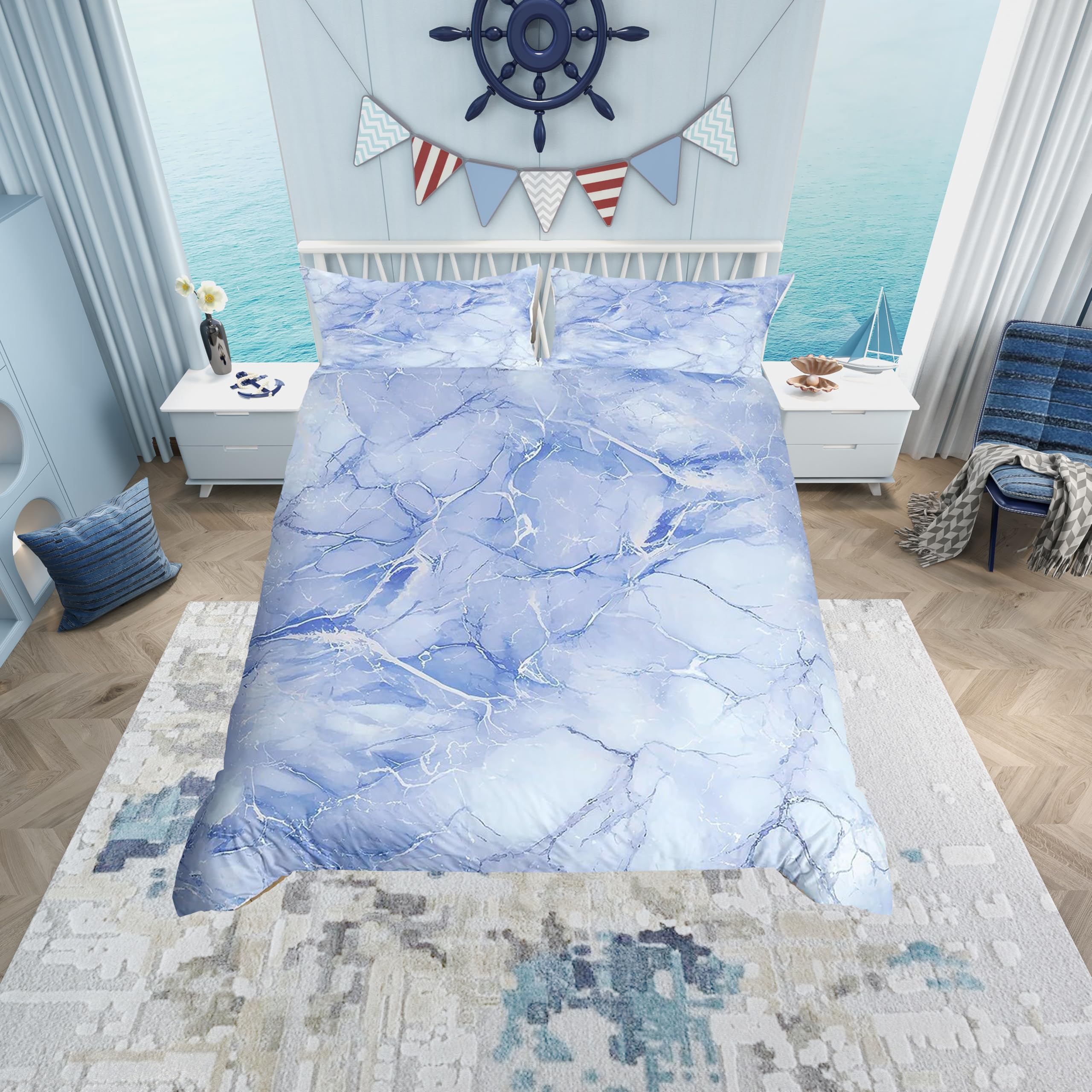 feelingyou Blue Marble Duvet Cover,Kids Watercolor Glitter Bedding Set,Marble Aesthetic Comforter Cover for Boys Girls Room Decor,Abstract Bedspread Cover Single Size with 1 Pillow Case(No Comforter)
