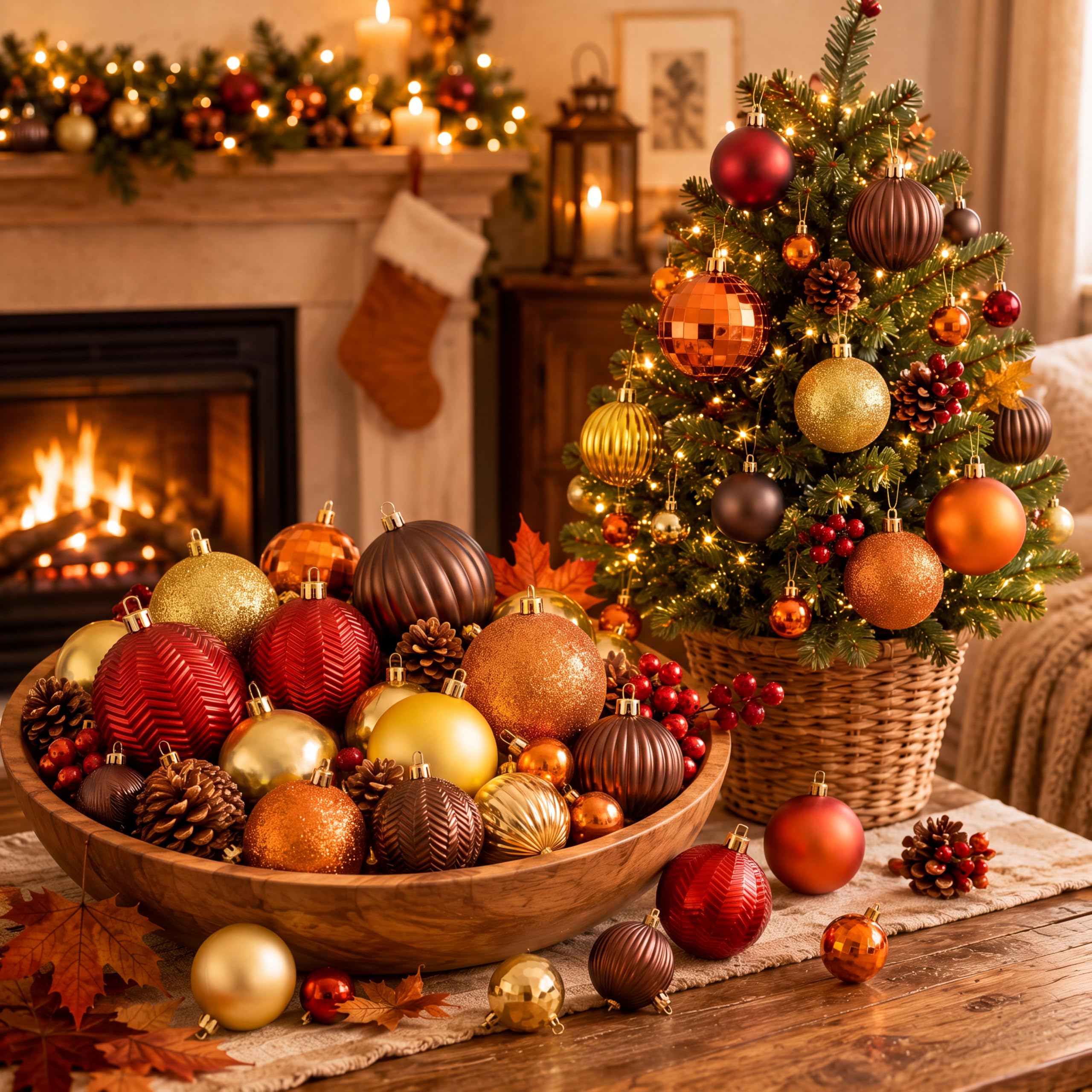 Lunmon 64 adornos de bola de otoño para árbol de Navidad con purpurina, dorado, naranja, rojo, marrón, decoración de otoño, adornos de cosecha de varios tamaños para suministros de fiesta,