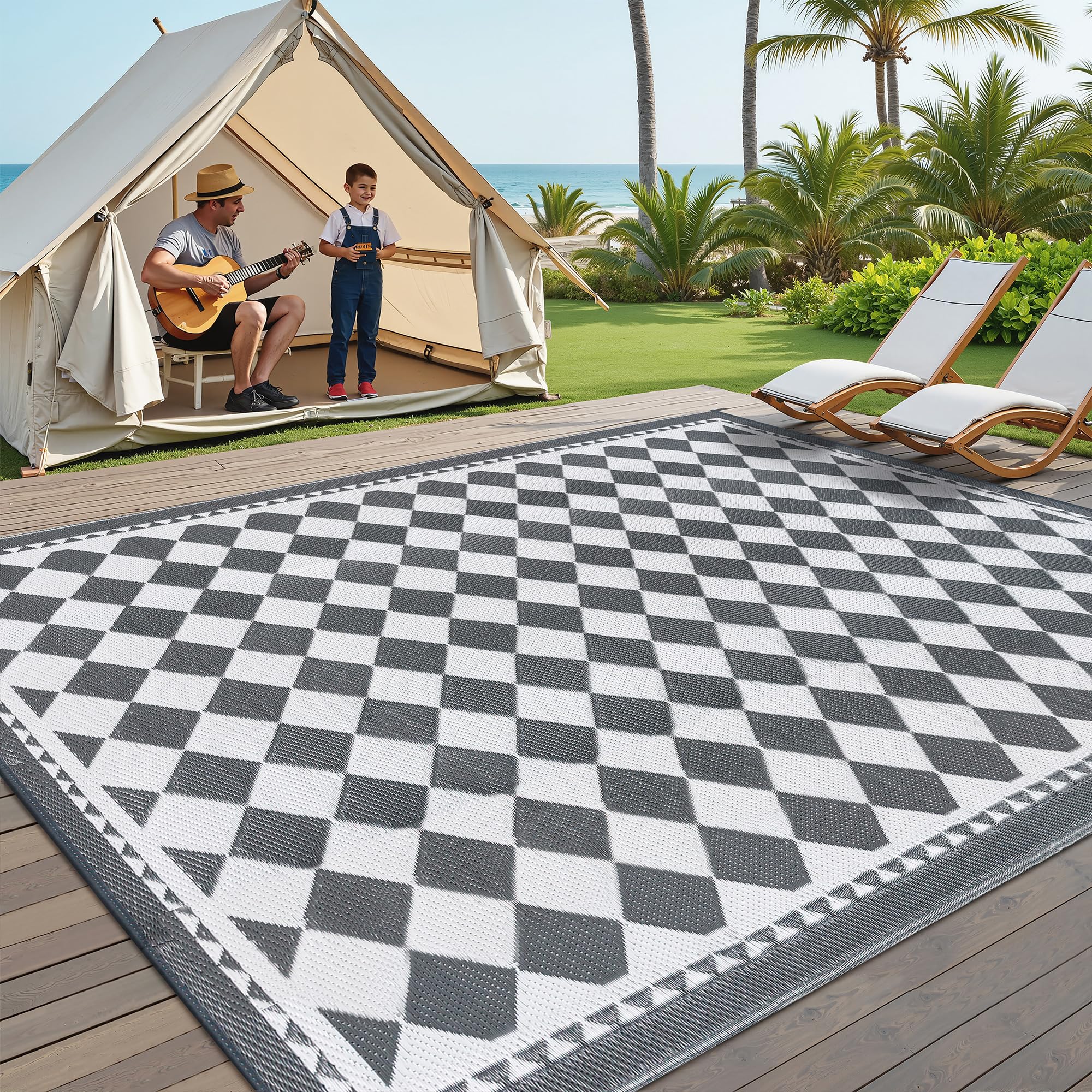 PureCozy Outdoor Teppich Wetterfest,180x270cm Wendbarer Balkon Camping Teppiche, UV-Beständige Outdoorteppich Carpet rutschfest für Garten Balkon Camping Terrassen, Grau