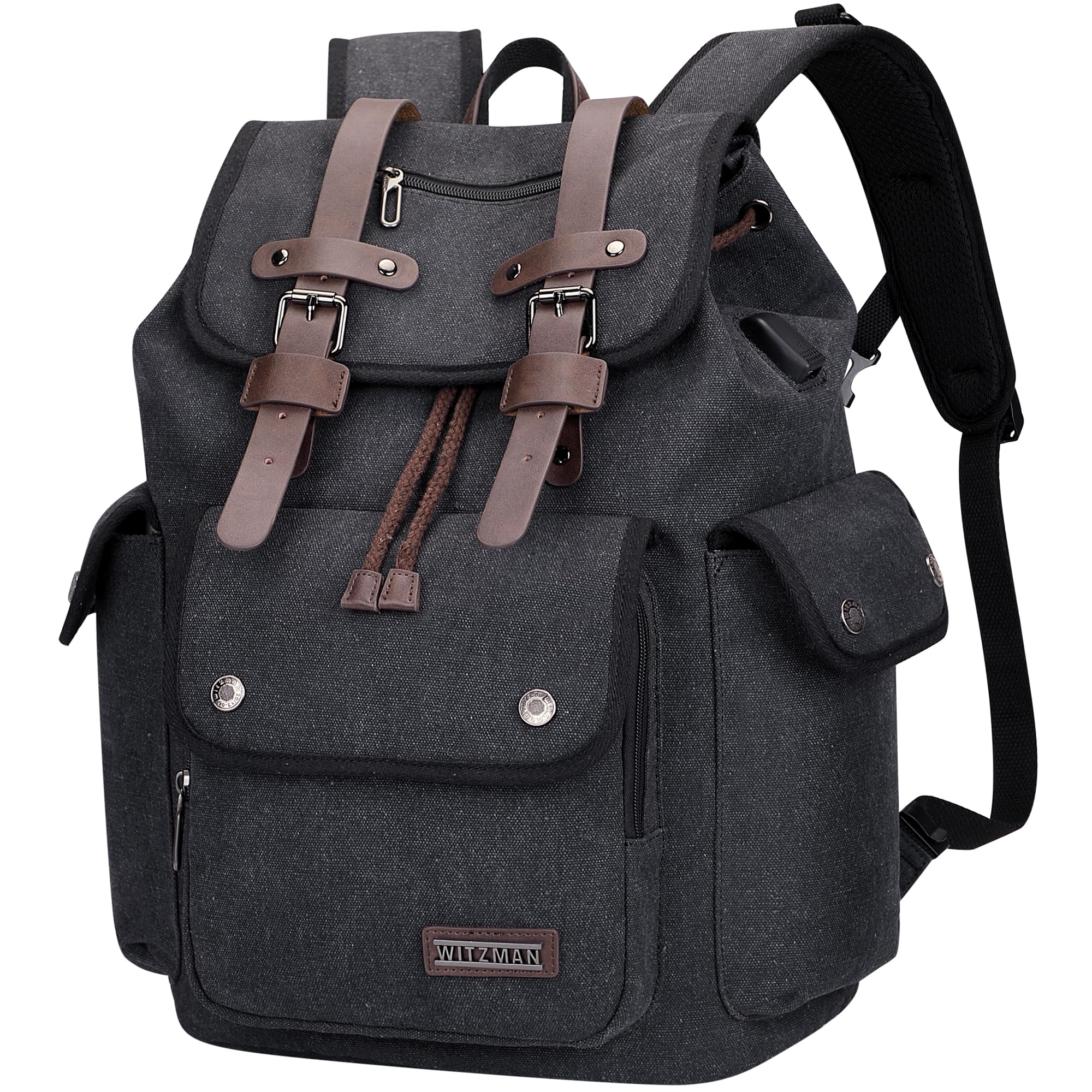 WITZMAN Canvas Backpack for Men Vintage Rucksack Fit 15.6 inch Laptop Backpack Travel High Capacity Casual Daypack (A8004 Black)