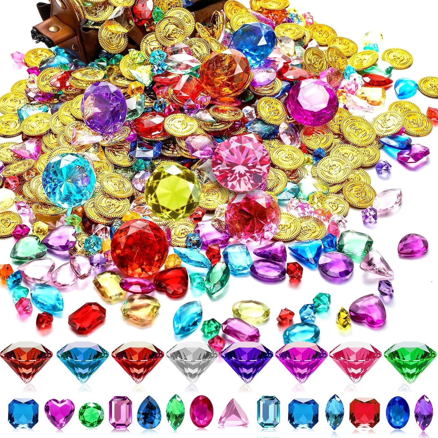 Gejoy 430 Pieces Summer Pool Pirate Party Favors Pirate Treasure Jewels and Gold Fake Coins Booty Chest Play Set with Drawstring Bag for Summer Diving Adventure Themed Party Decorations