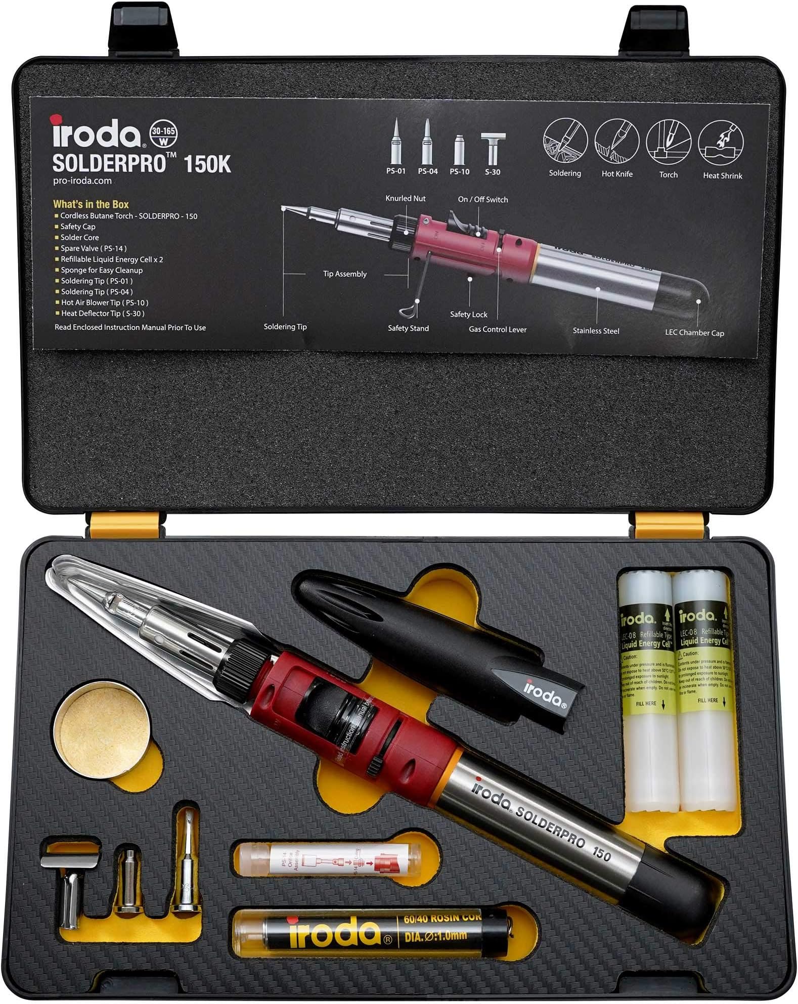 IRODA Professional Cordless Butane Soldering Iron Multi-Purpose Kit | SOLDERPRO 150K 4-in-1 30-125W Heat Tool, Rapid Heat Up, 100 Mins Run Time. Made in Taiwan, Butane Not Included