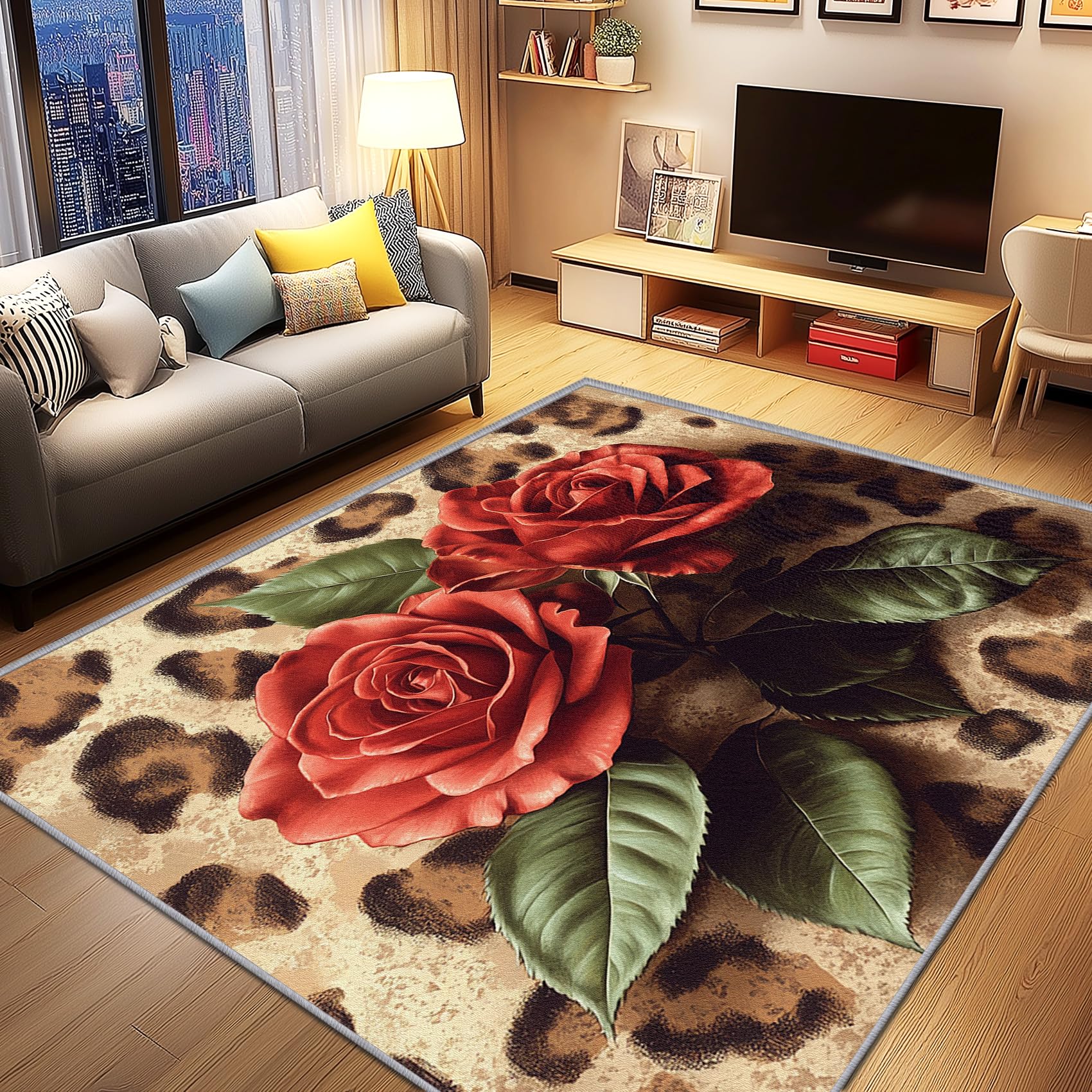 Rosen Deko, Leopardenmuster Teppich 240x340 Kurzflor, Großer Teppich Wohnzimmer Luxus Modern Floral, Weich rutschfest Waschbare Teppiche, Bettvorleger Schlafzimmer Kinderzimmer