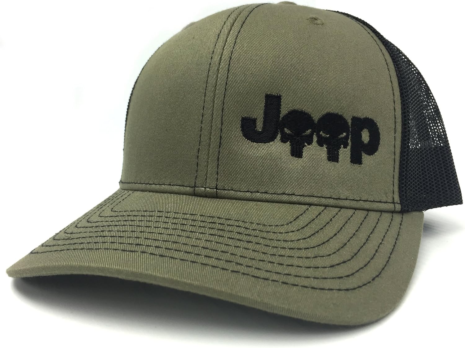 KonaTees Jeep Logo with Punisher Skull Symbol Left Panel Embroidered