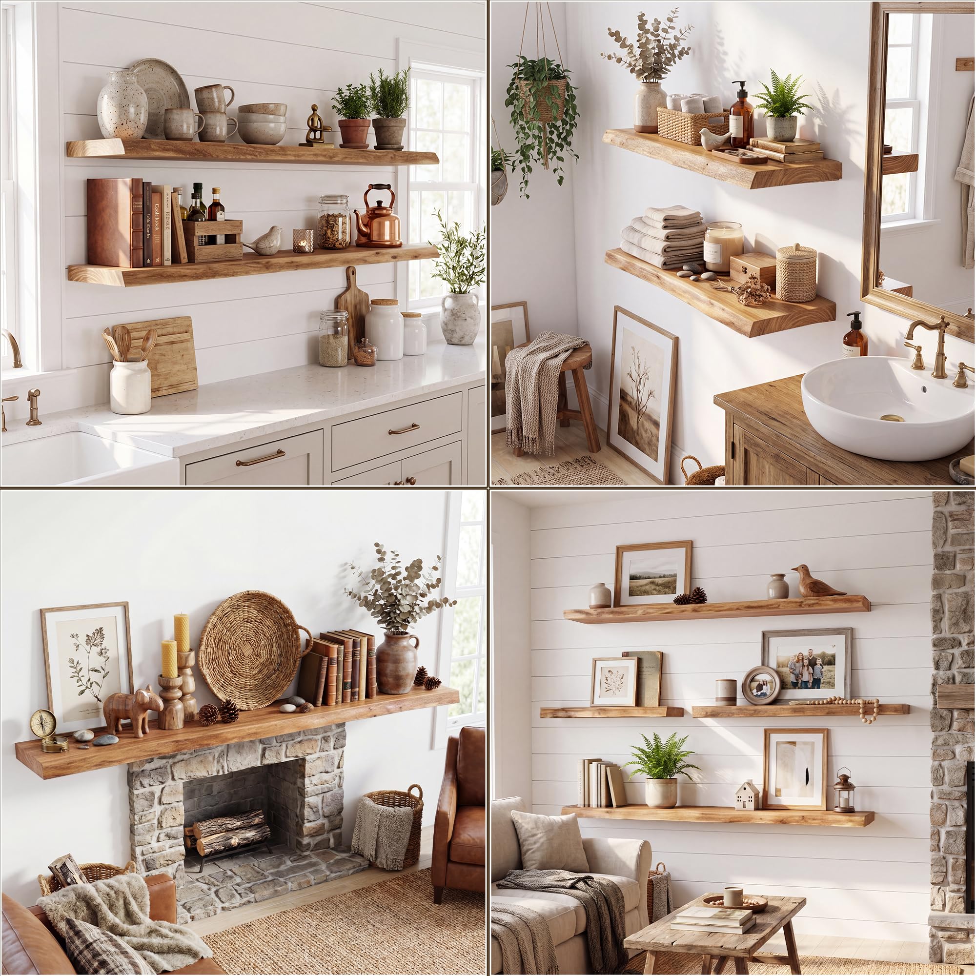 ELM - Estantes flotantes de madera, estante de pared de madera maciza con soporte invisible para sala de estar, dormitorio, baño, oficina, estantería rústica con grano natural, juego de 2 unidades, 40