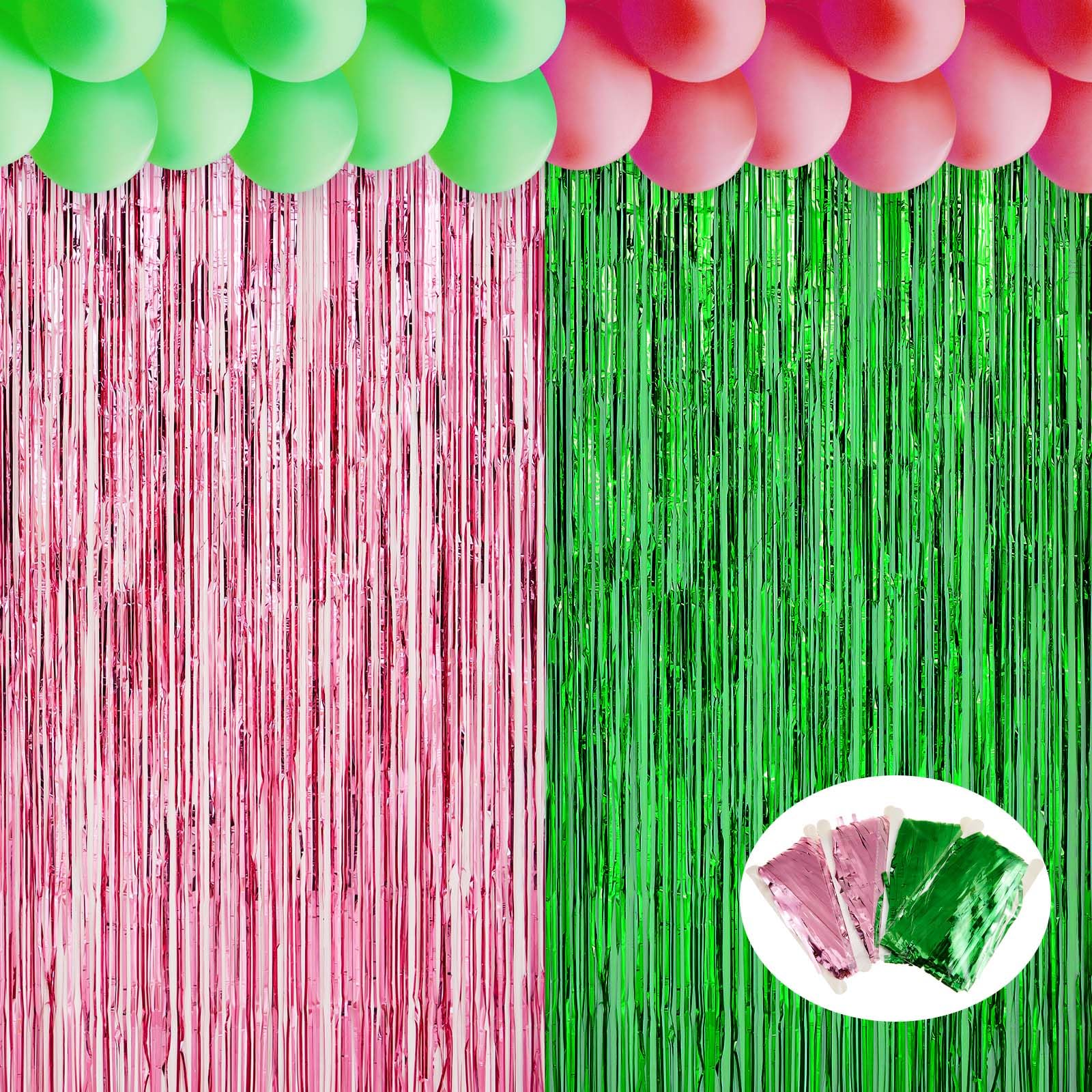 4 Pack 3.28 x 6.56ft Pink and Green Streamers Backdrop Party Decoration Witch Princess Themed Birthday Party Supplies Decoration Photo Booth Prop Tinsel Foil Fringe Curtains Streamer (Tinsel Curtain)