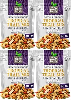 BetterFoods Tropical Trail Mix - Low Sugar Blend 4-Pack Bulk 80oz | Raw Superfoods No Raisins Coconut Gluten Free Healthy Trail Mix Low Sugar Bulk Snack Vegan Protein Family Size