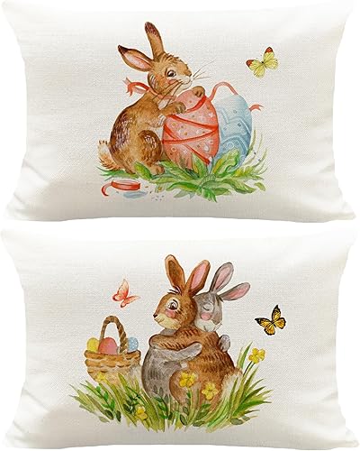 Hysunland Paquete de 2 fundas de almohada lumbar de Pascua con huevos de colores, conejos, pollitos, decoración al aire libre, fundas de almohada