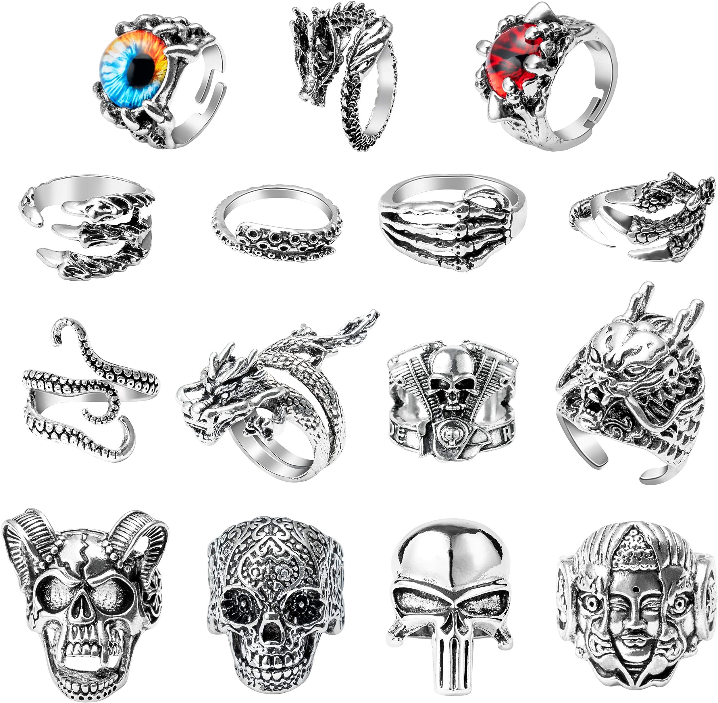 16Pcs Vintage Silver Punk Rings Set for Men Women, Gothic Alloy Biker Adjustable Rings, Halloween Skeleton Skull Evil Eye Dragon Claw Octopus Dragon Knuckle Stacking Circlet Jewelry