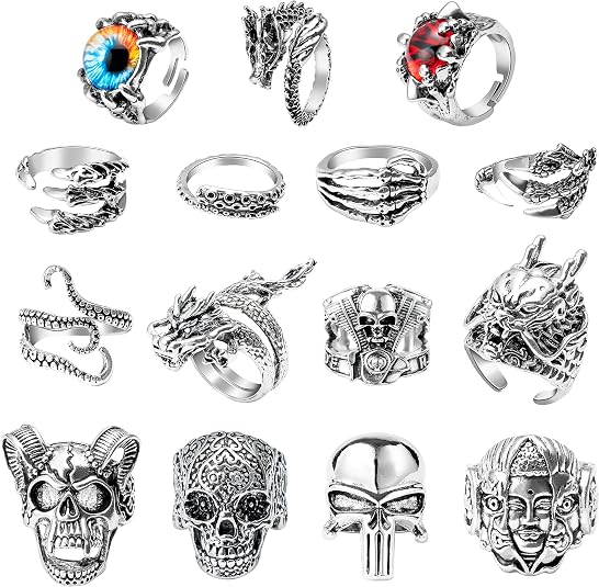 PANTIDE 16Pcs Vintage Silver Punk Rings Set for Men Women, Gothic Alloy Biker Adjustable Rings, Halloween Skeleton Skull Evil Eye Dragon Claw Octopus Dragon Knuckle Stacking Circlet Jewelry
