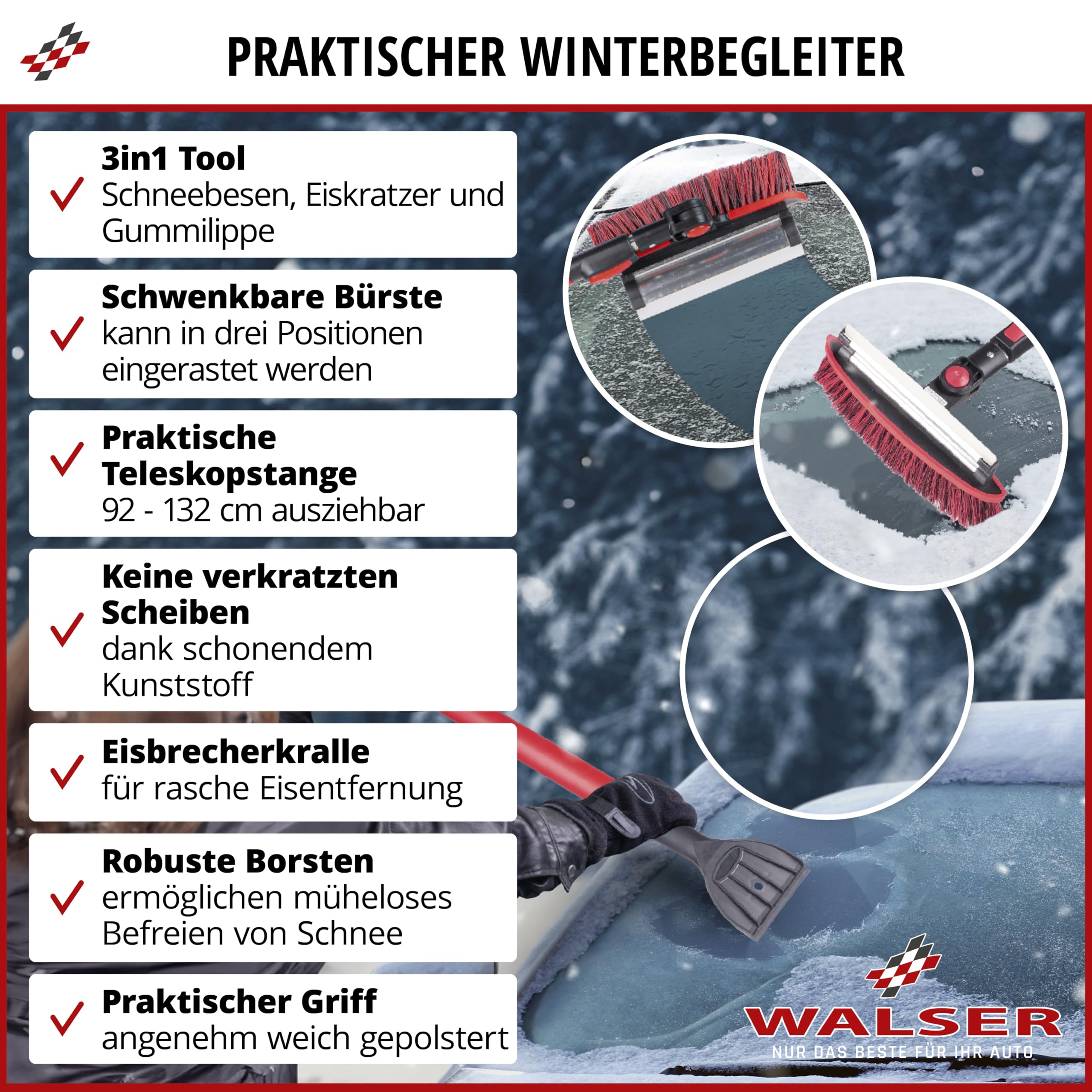 Walser Schneebesen 3in1 mit Eiskratzer teleskopierbar, Eisschaber mit Teleskopstange, Schneefeger ausziehbar 92-132 cm rot/schwarz