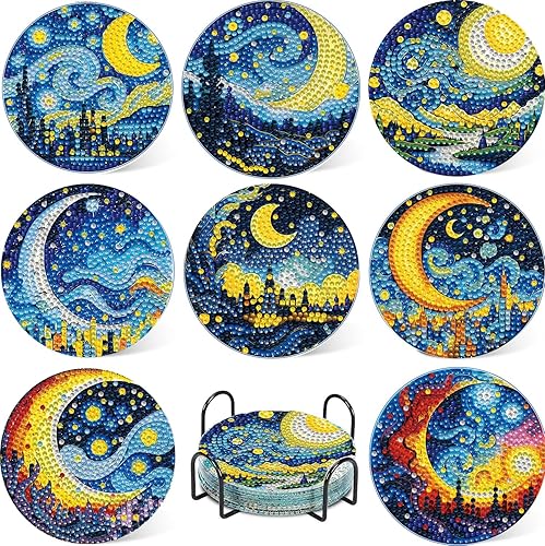 Miniatura 8 de Juego de 8 posavasos de arte de diamantes con flores, juego de 8 posavasos de pintura de diamantes con soporte, suministros de manualidades para