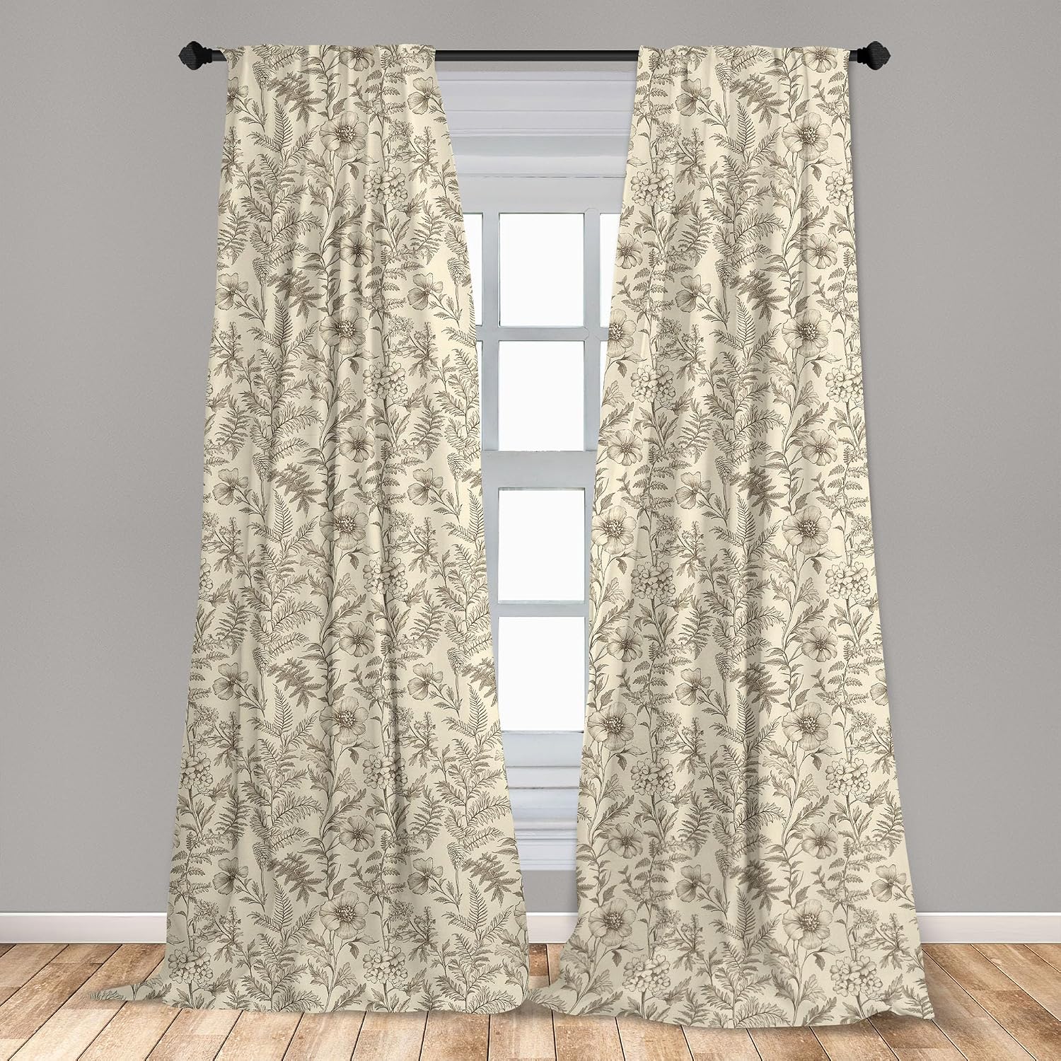 Lunarable Farmhouse Window Curtain Panels 4 Pack, Classic Rustic Scenario of Neutral Tone Cottagecore Leaves and Floral Boho, Lightweight Set with Rod Pocket, 4 Panels of - 28"x63", Eggshell Dark Tan
