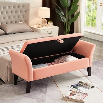 Bed Bench with Storage,51.5" Entryway Bench with Wood Legs,Modern Velvet Storage Ottoman Indoor End of Bed Bench with Button Tufted,for Living Room, Bedroom,Entryway,Hallway Pink