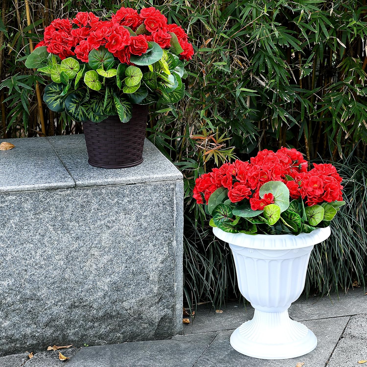 Set of 2 Artificial Geranium Potted Plant - Faux Flowers Plants in Pots Already Assembly Silk Red Fake Geraniums Realistic UV Resistant Plants for Front Doors Patios Porches Yards Decor - Red