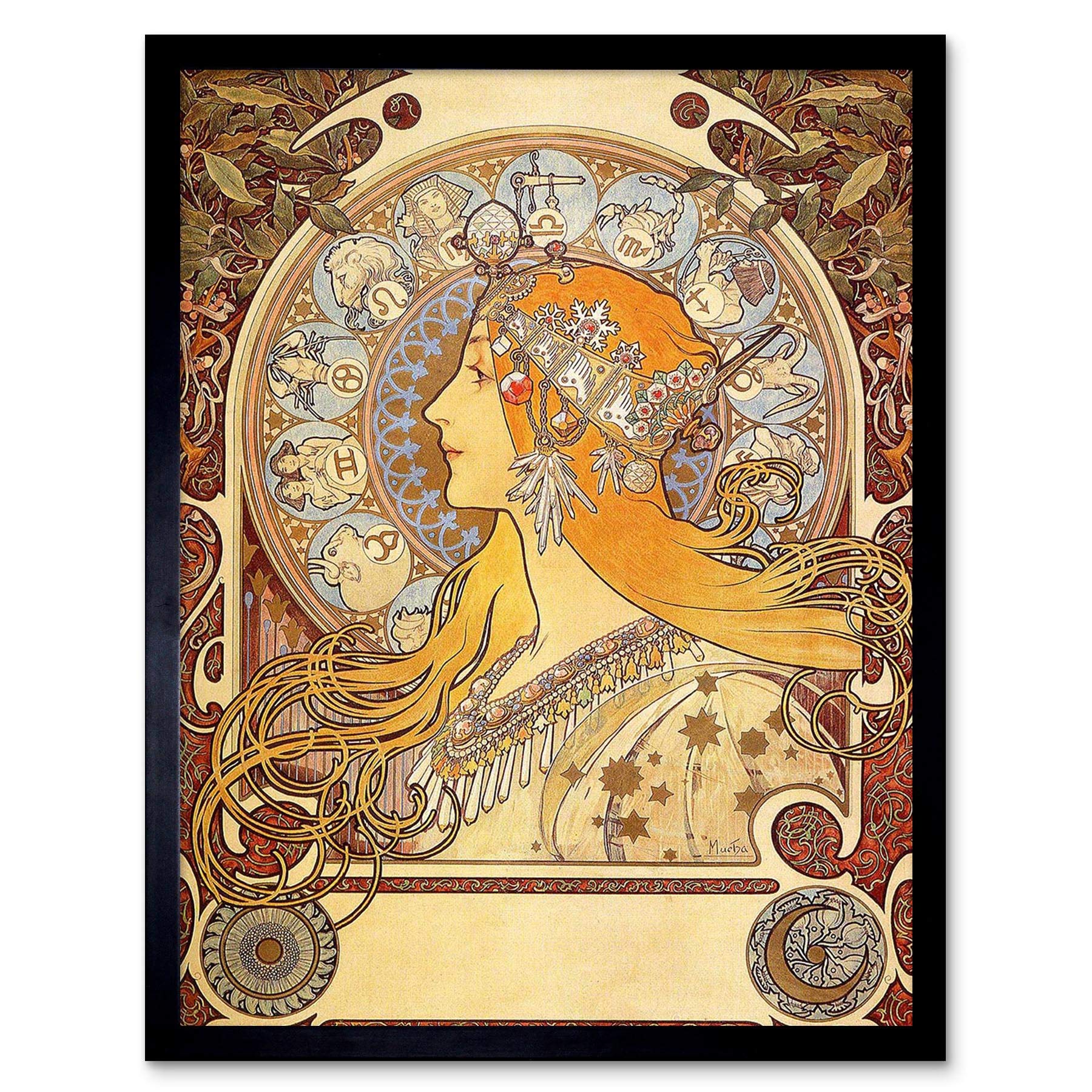 Wee Blue Coo Alphonse Mucha Zodiac 1896 Old Master Painting Art Print Framed Poster Wall Decor 12X16 Inch