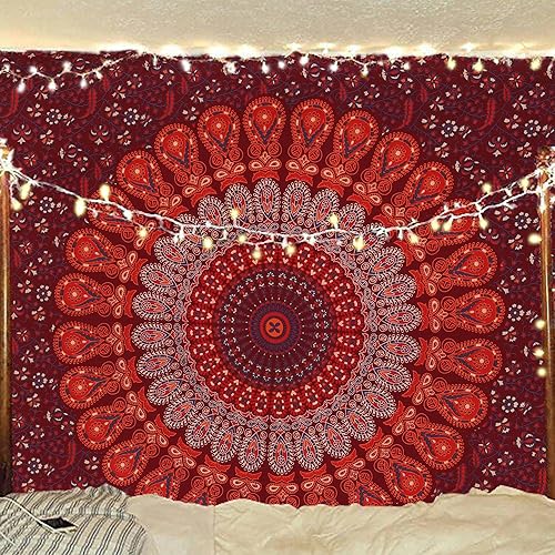 Miniatura 128 de Tapiz hippie indio bohemio psicodélico dorado mandala de pavo real azul dorado para colgar en la pared (naranja marrón, King (88 x 104 pulgadas)