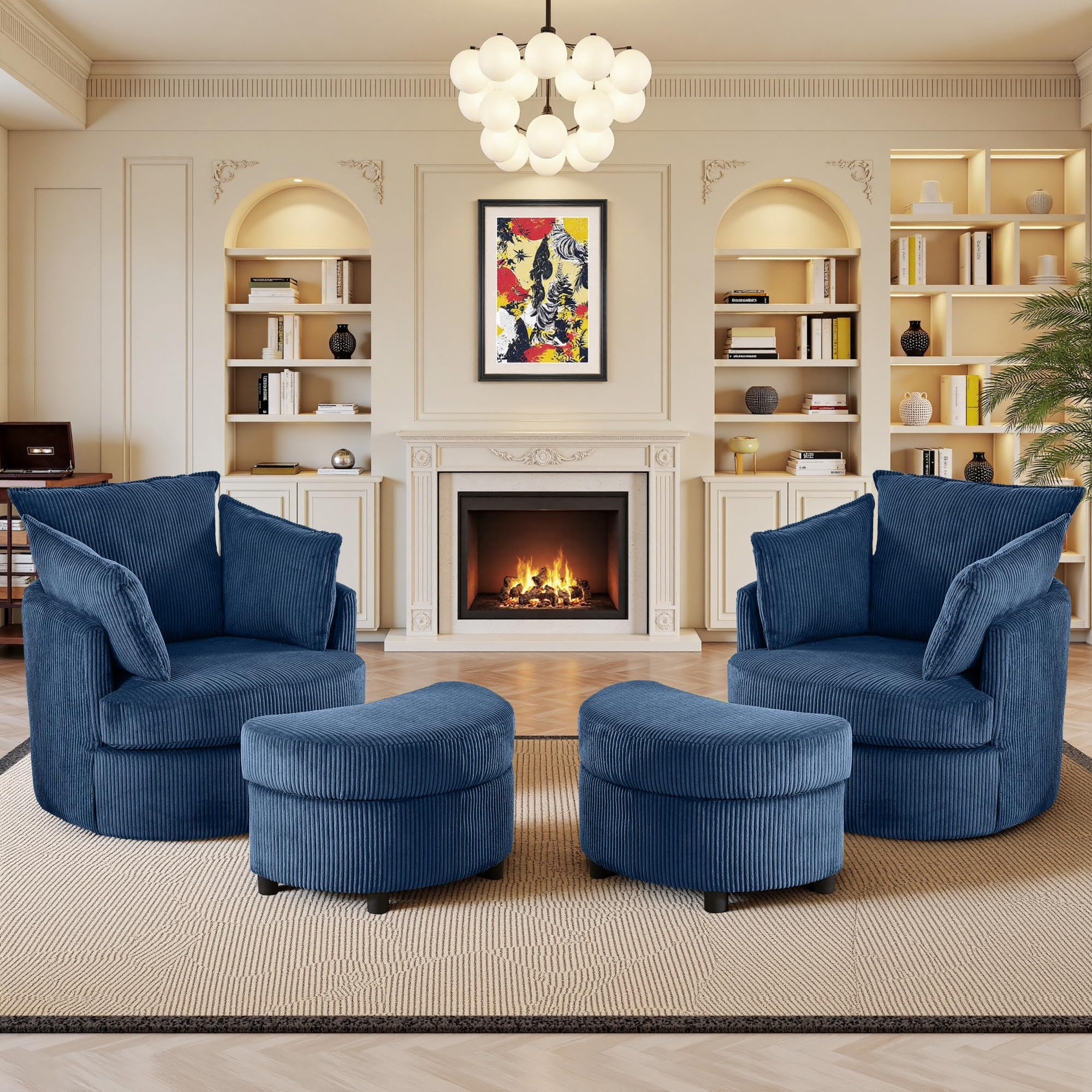 HOLYFIND Swivel Accent Chair,Comfy Reading Chairs for Bedroom,Modern Corduroy Arm Chair with Ottoman,360°Swivel Barrel Chairs for Living Room,