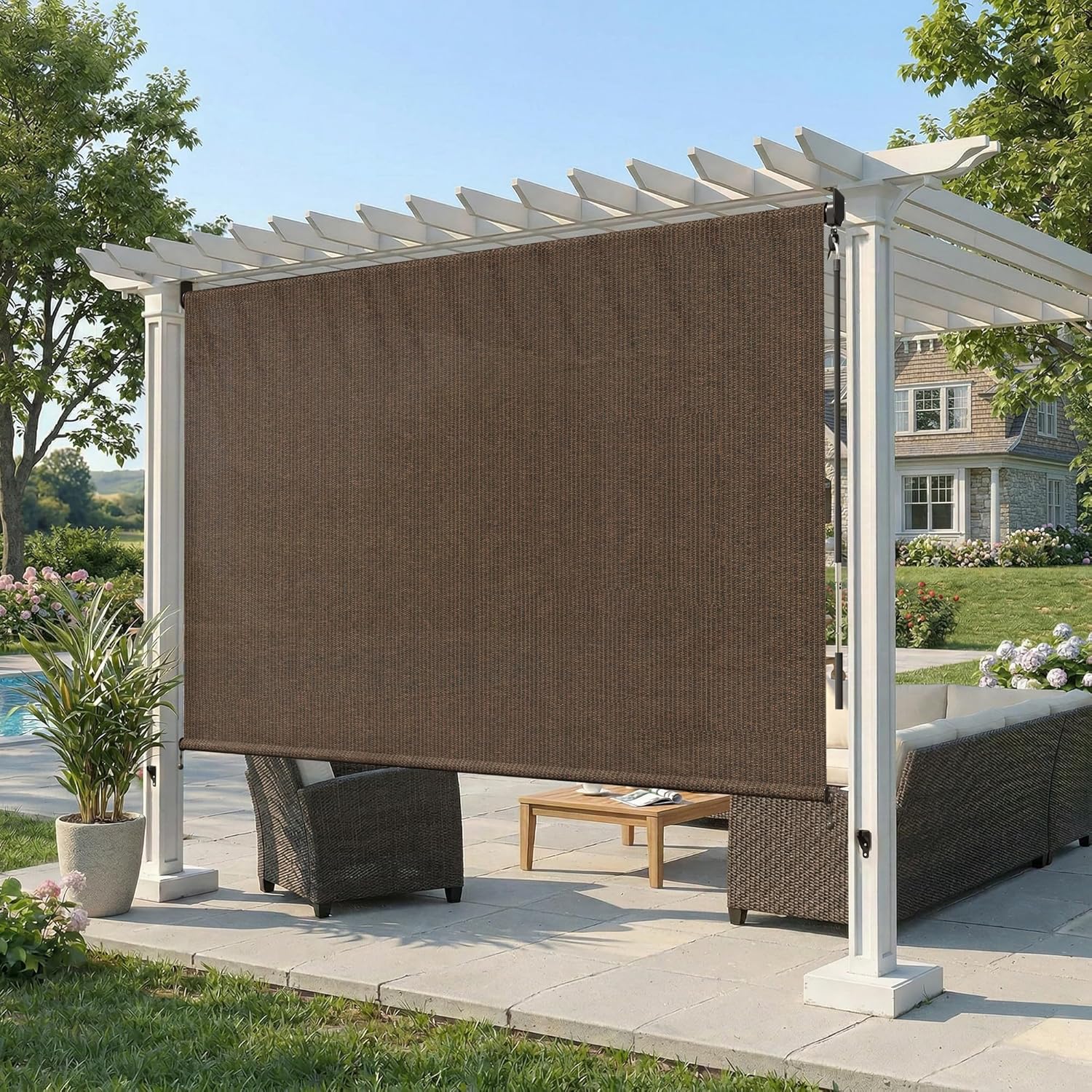 Custom Size 115" W×96" H Outdoor Cordless Roller Shade with Spliced Design, 220GSM Roll Up Blinds Shade for Patio, Yard, Deck and Porch, Mocha