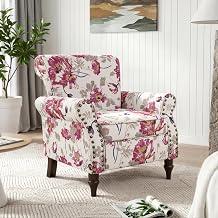 Floral Wingback Accent Chair,Living Room Chair with Wood Legs,Pattern White