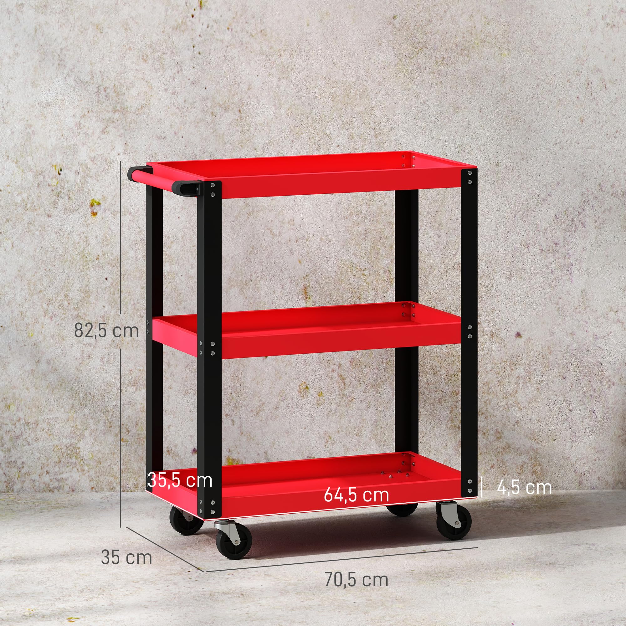HOMCOM Carro de Taller, Carro de Herramientas con 3 Estantes, Ruedas con Frenos y Asa Lateral, para Garaje Mecánico, Hogar, Carga 120 kg, Rojo