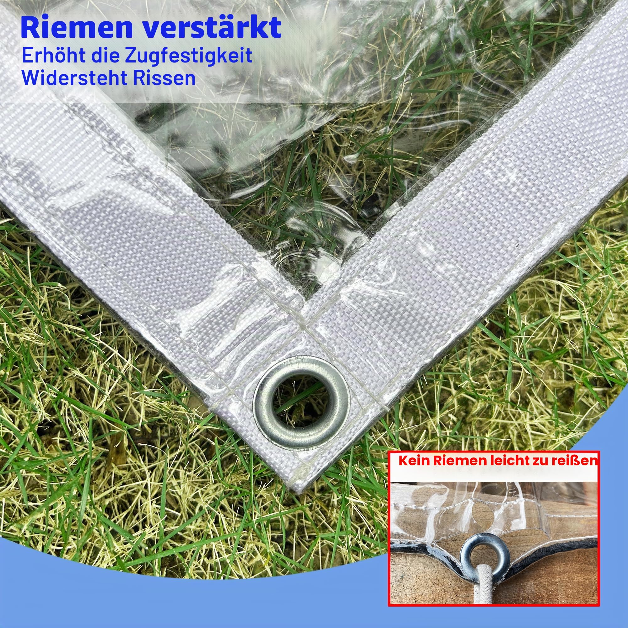 Abdeckplane Wasserdicht 2,44 x 2,44 m, 500 g/㎡ PVC Transparente wasserdichte Plane, Reißfest und UV-Beständig, Transparente Plane mit Ösen Kann Im Garten Verwendet Werden