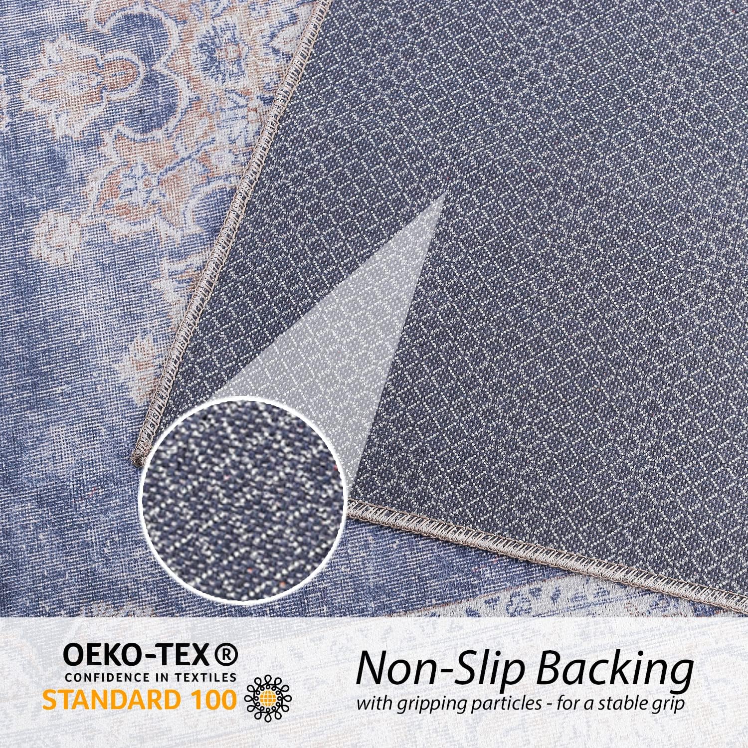 RugOver Machine Washable Area Rug, Pet-Friendly and Non-Slip Indoor Carpet for Kitchen, Bathroom, Living Room, Home Floor Decoration(Blue Jean/Peanut, 2'6" x 6'6")