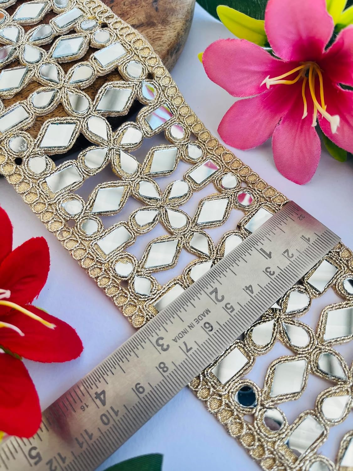 Decorative Mirror Work Lace Trim, Gold Metallic Embroidered Border, Geometric Design, 3 Inch Wide, Traditional Wedding Crafts Ribbon, Available in 1, 3 and 6 Yard (3)