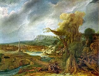 LANDSCAPE WITH OBELISK BY REMBRANDT ARTISTA QUADRO DIPINTO OLIO SU TELA A MANO 90x120cm alta qualita