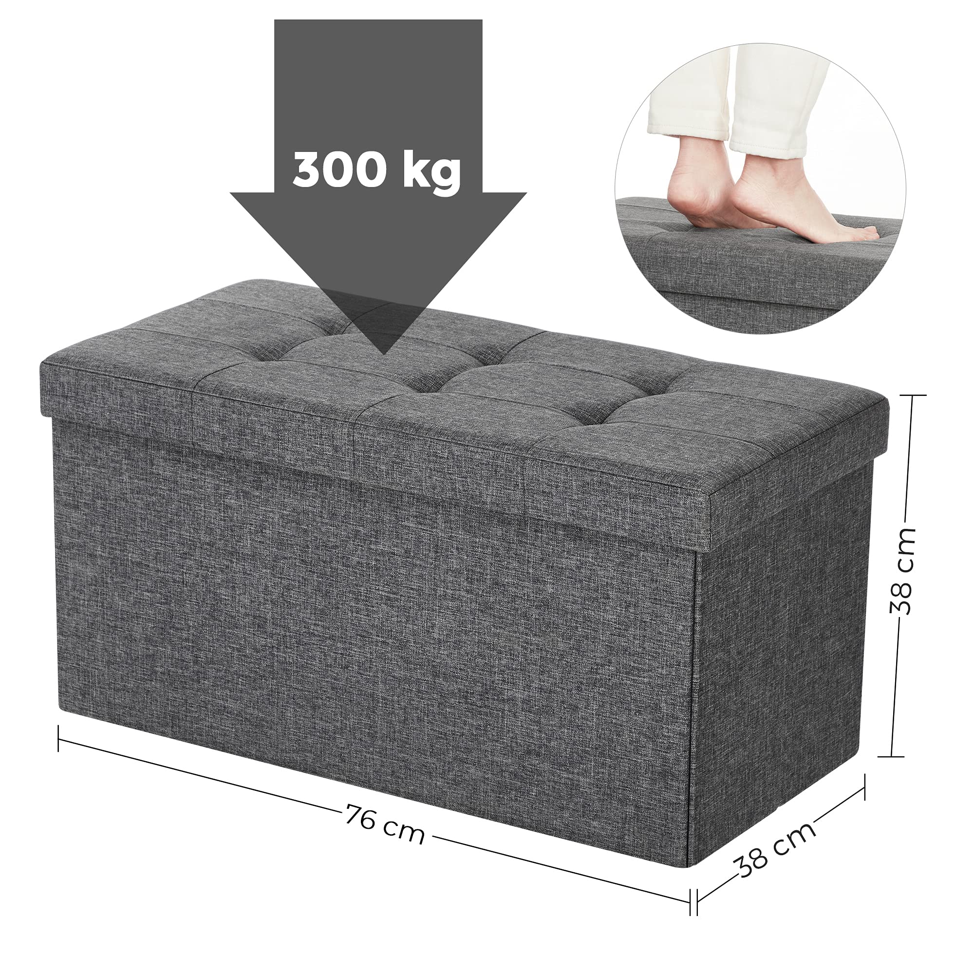 SONGMICS MAZIE Collezione - Cassapanca, Pouf Contenitore da 76 cm, Poggiapiedi Pieghevole, Panca Fondo Letto, Montaggio Facile, per Soggiorno, Camera da Letto, Entrata, Grigio Scuro LSF47K