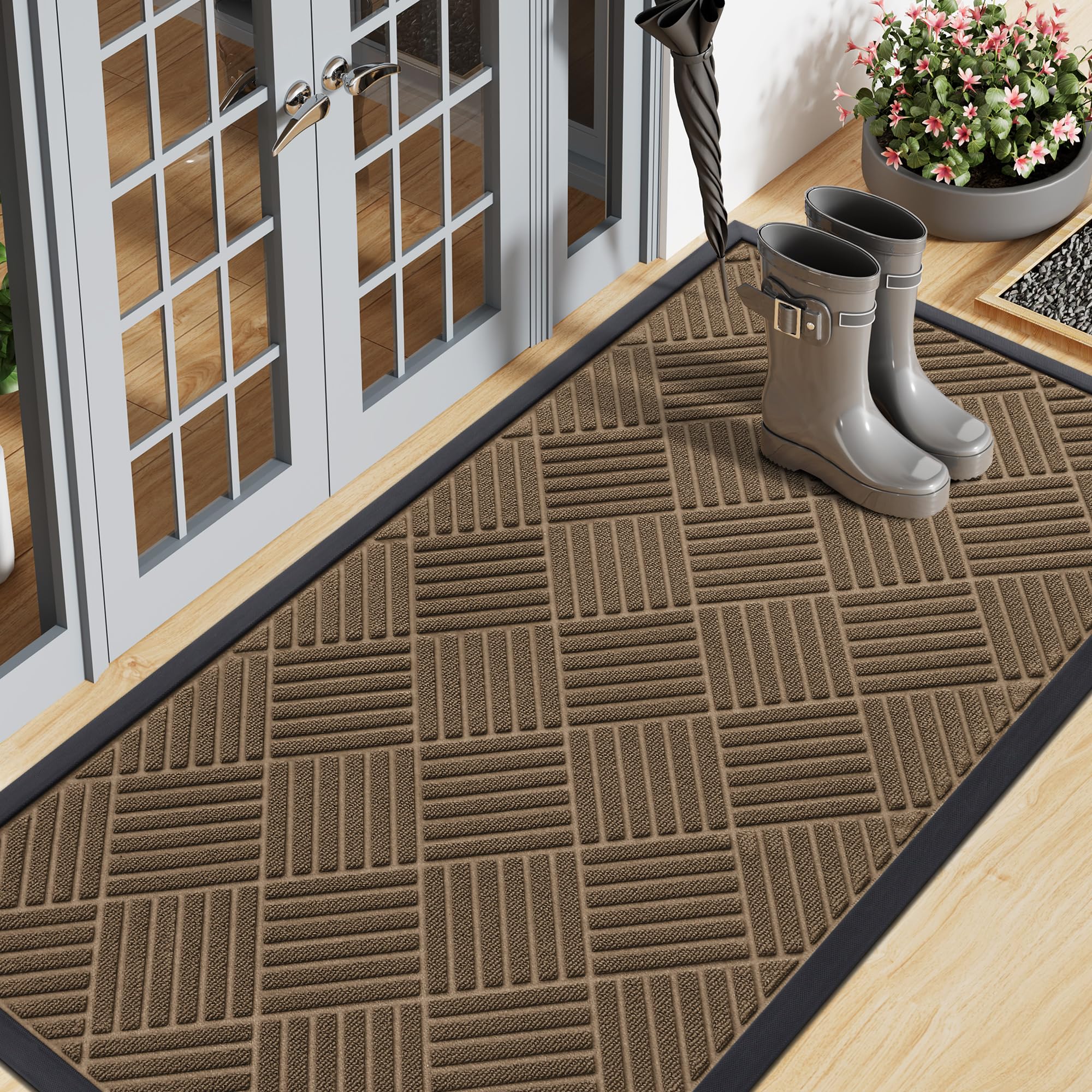 Smiry Front Door Mat Outside Entrance, Heavy Duty Outdoor Indoor Natural Rubber Doormat, Non Slip, Trap Dirt and Moisture, Easy Clean, Low Profile Patio Porch Entryway Mat, 59x20, Brown