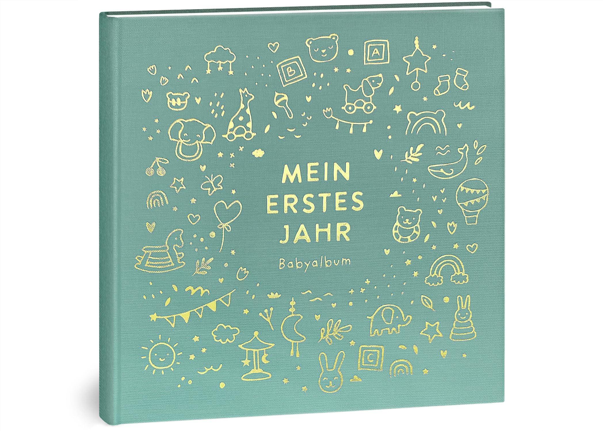 Mein erstes Jahr Babyalbum - Hochwertiges Leinenbuch mit Goldprägung für die schönsten Erinnerungen - Babybuch zum Eintragen für das erste Lebensjahr - Baby Geschenk zur Geburt (Spielzeug Mint)