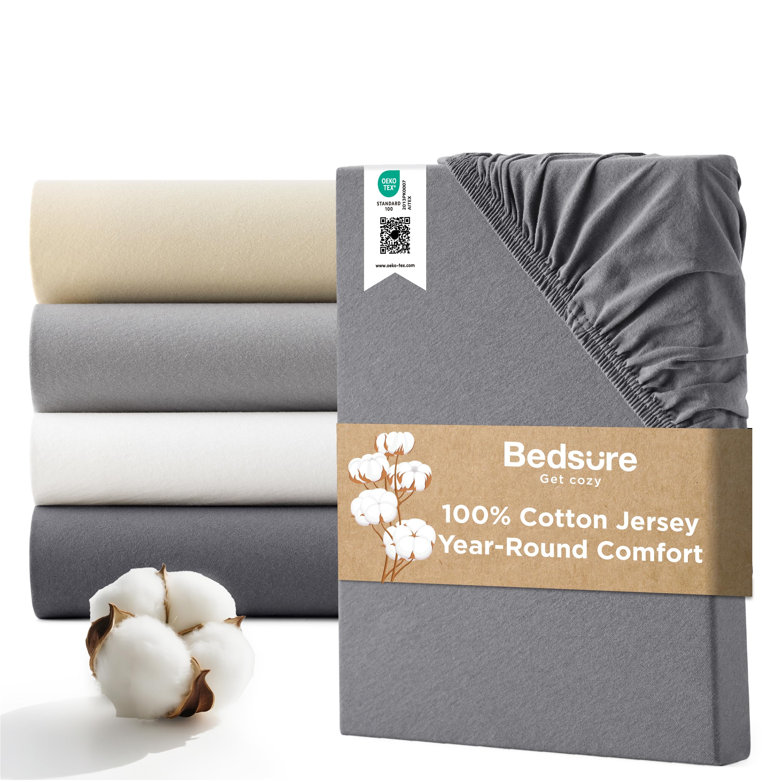 Bedsure King Size Fitted Sheet – Jersey Cotton Knit, 40 cm Extra Deep Pocket Bed Sheet, 100% Cotton, Breathable, Elasticated Corners, Charcoal, 150x200 cm