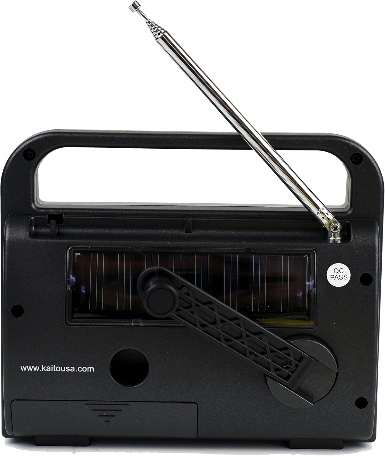 Rear view of Kaito KA007 radio showing solar panel and hand crank.