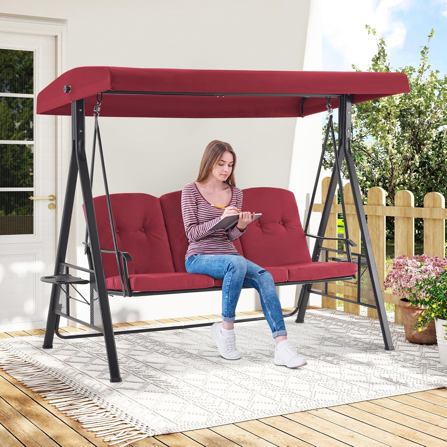 MCombo 3 Seat Patio Swings with Adjustable Canopy, Outdoor Porch Swing Chair with Stand for Backyard, Poolside, Balcony 4092 (Burgundy)