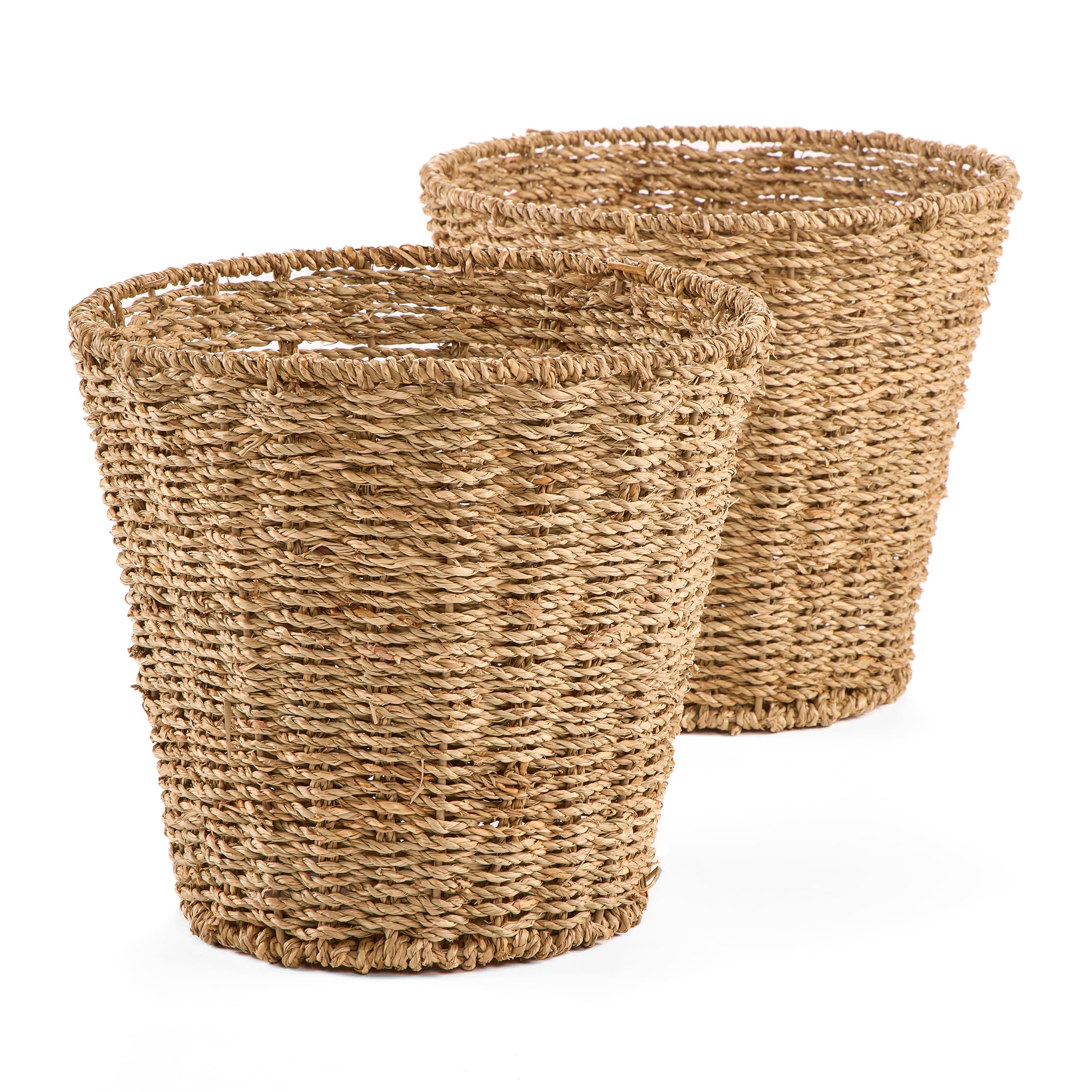 Gatarn Seagrass Waste Paper Bins | Set of 2 Natural Handwoven Rubbish Bins | Round Wicker-Style Waste Baskets for Bathroom, Bedroom & Home Office