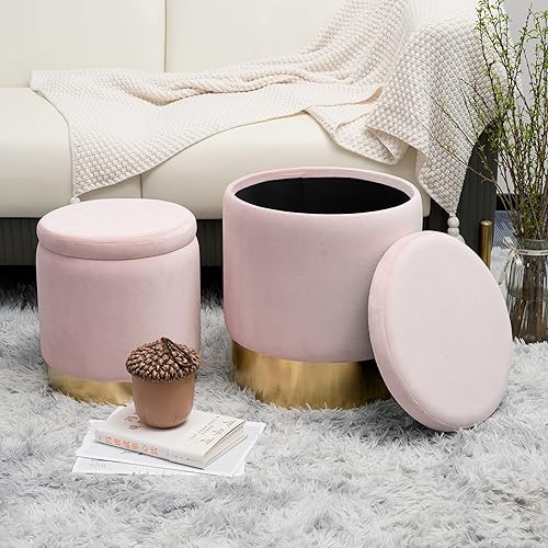 Miniatura 8 de BRIKY Otomana redonda de almacenamiento, otomana de terciopelo rosa con almacenamiento para sala de estar, taburete otomano tapizado con base