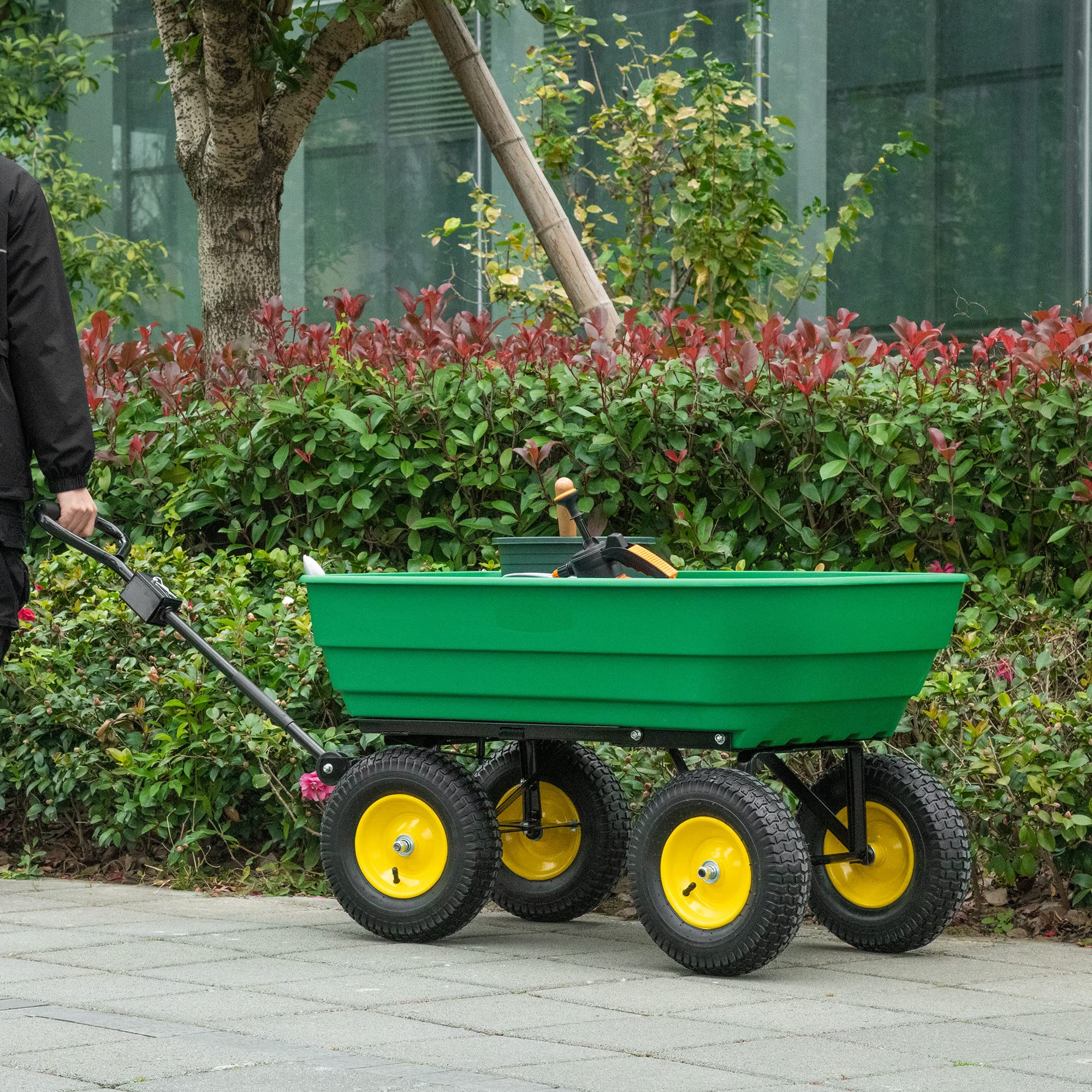 Outsunny Chariot de Jardin à Main Benne basculante 75° 125L Charge Max. 200 Kg 4 Roues pneumatiques Acier PP Jaune Vert