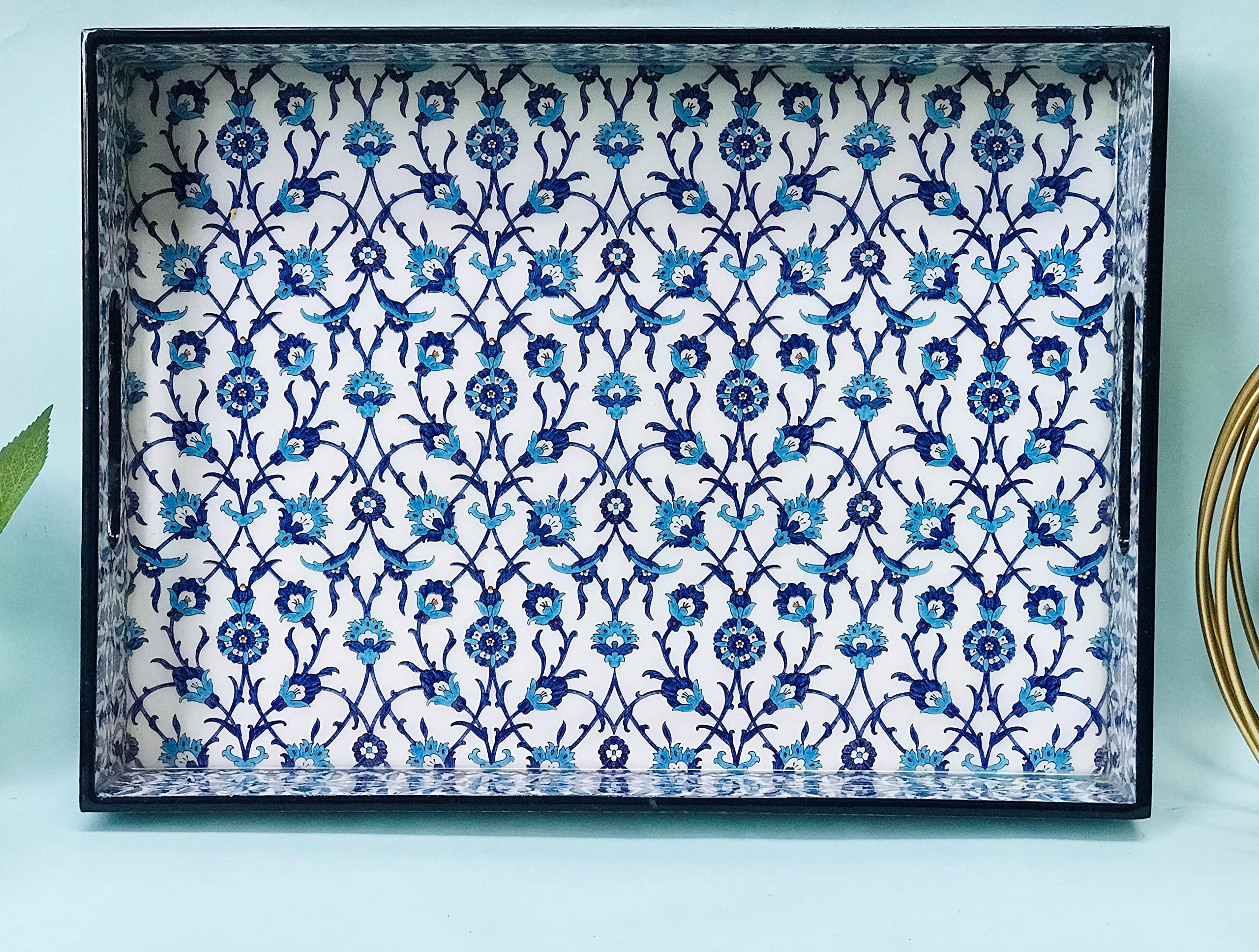 DULI Enamel Coated Multipurpose Tray in MDF | Serving Tray for Home & Dining Table | Multipurpose Rectangle Tray | Water & Heat Resistant Durable 13x10 Inches (BlueMoroccan)