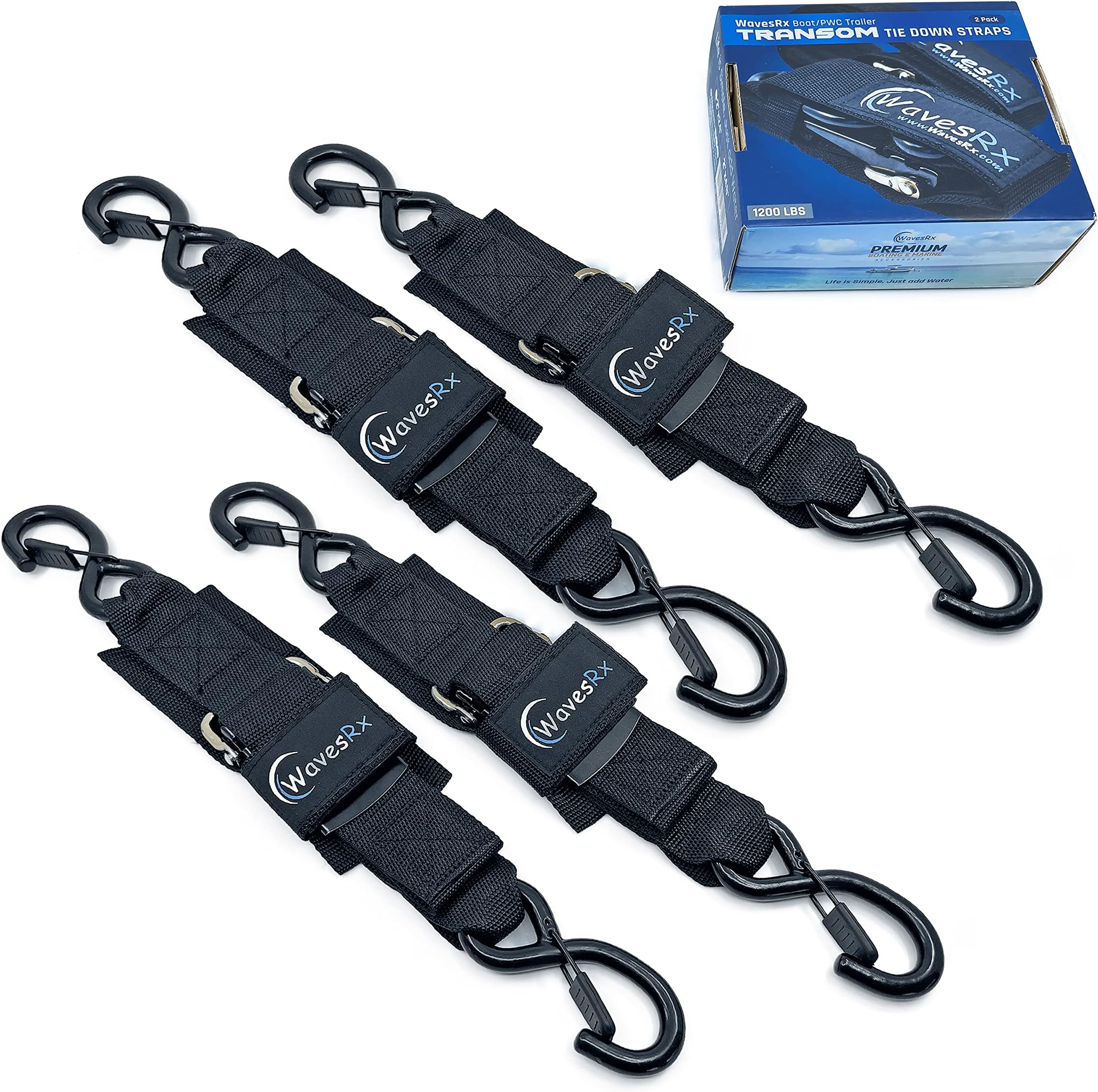 WAVESRX Marine Boat Trailer Transom Tie-Down (4 Pack) | Adjustable 2"x24" Safety Straps | 1200 LBS Capacity to Securely Transport Boats, Jet Skis and Other PWC