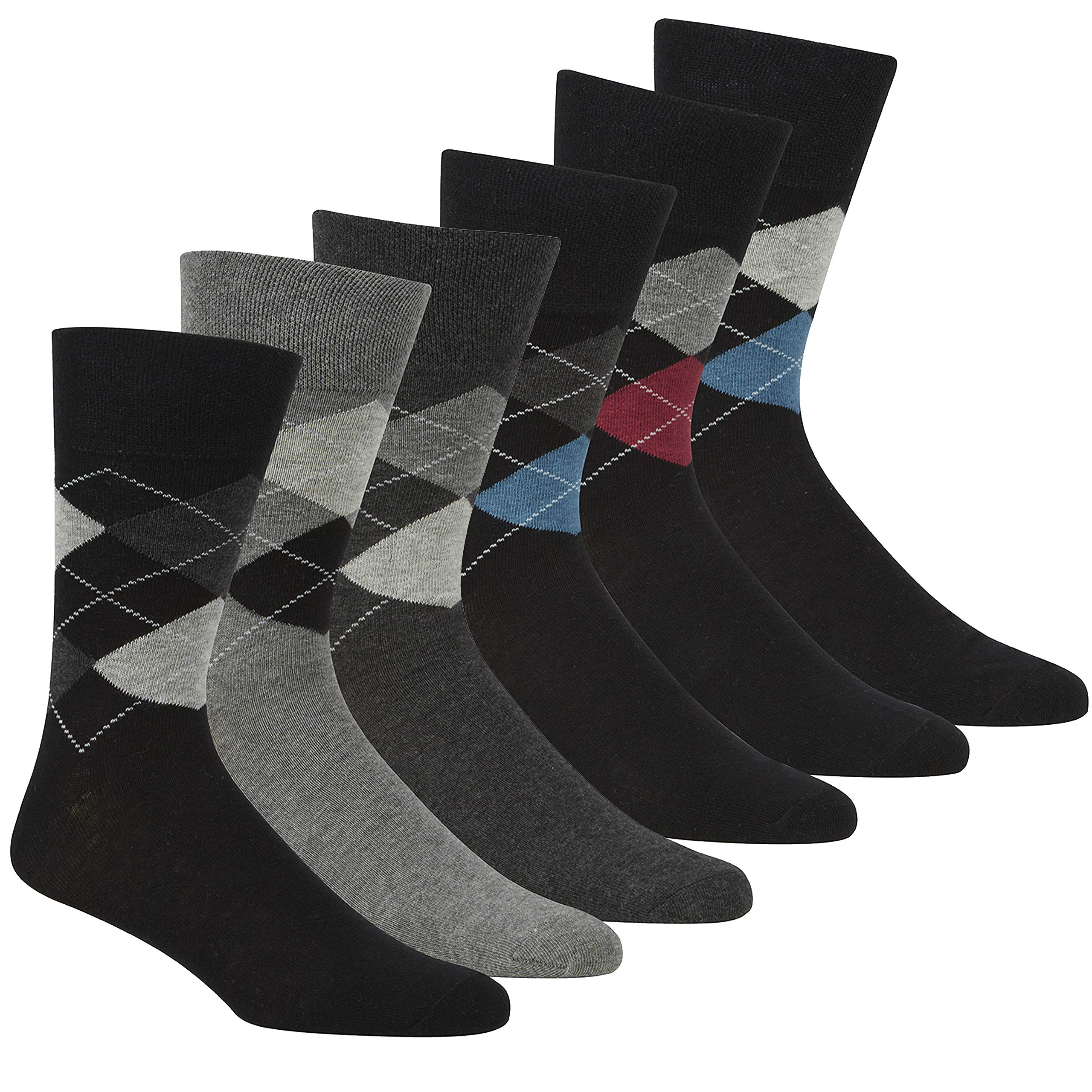 Pierre Roche Mens 6 Pair Argyle Plain Non Elastic Top Diabetic Travel Socks Black & Blue UK 6-11