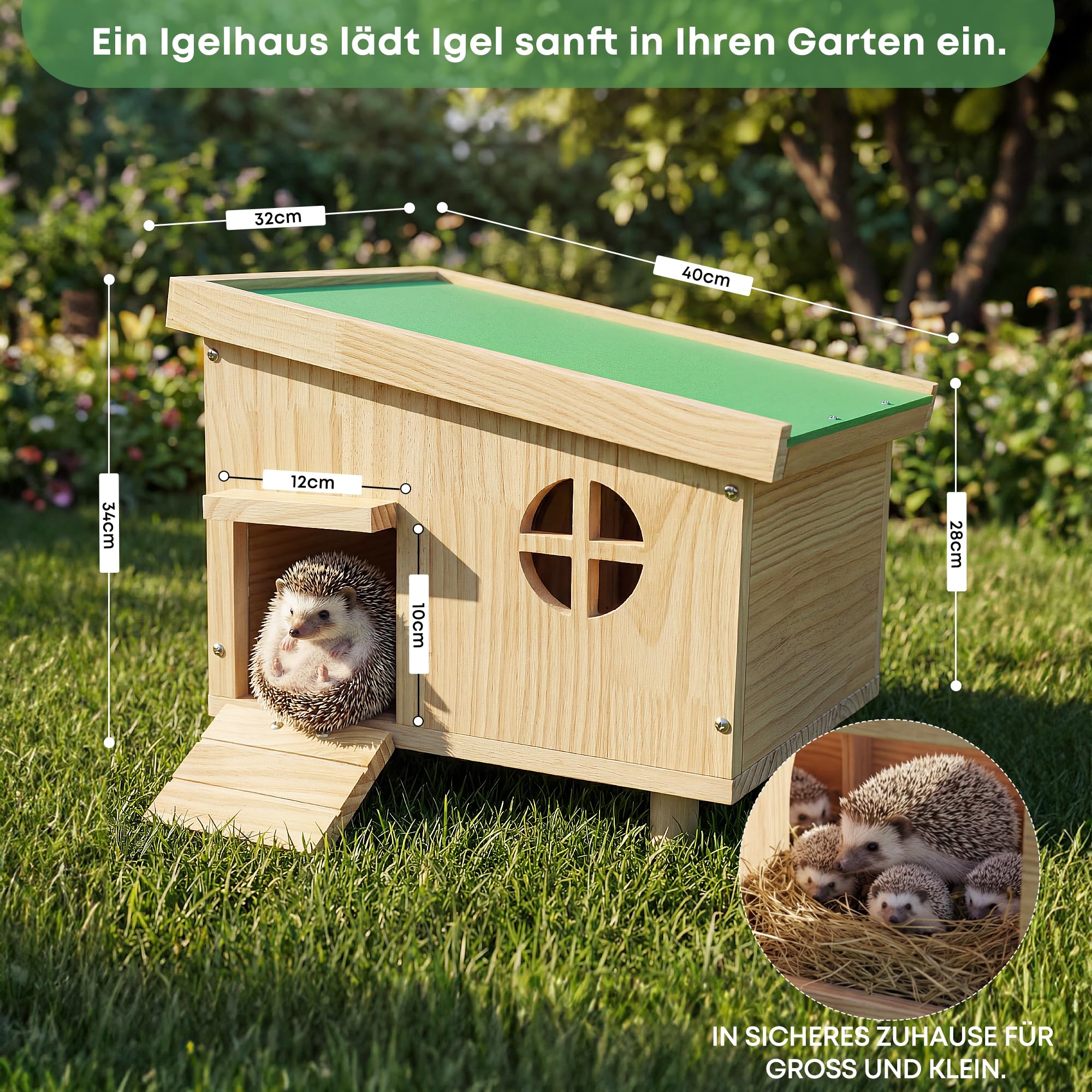 Igelhaus Winterfest mit Boden – sicheres Outdoor Igelhotel für den Garten, wetterfestes Holz Haus mit geschütztem Eingang & abnehmbarem Dach, Bausatz ohne Werkzeug – draussen trocken & warm