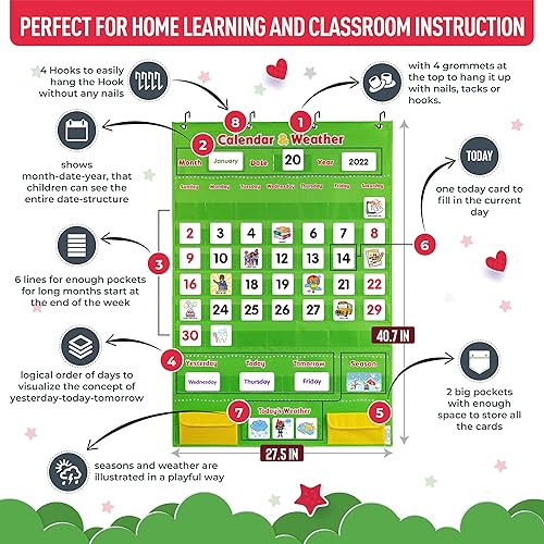 Miniatura 3 de Calendario y tabla de bolsillo para el clima, incluye 4 carteles exclusivos y 142 tarjetas, calendario infantil para aula y educación en el hogar,