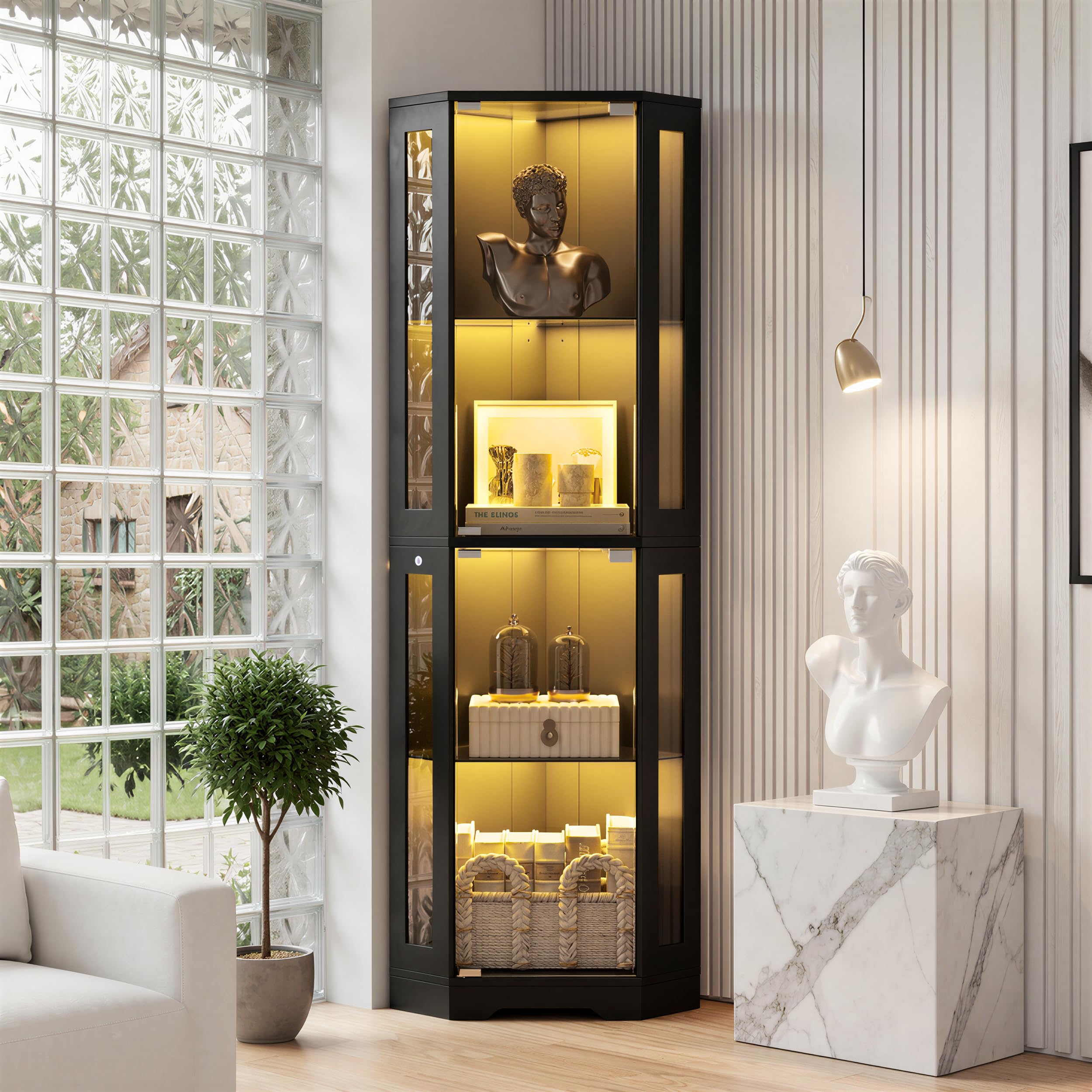 Vitrina esquinera de 4 Niveles con Puertas de Cristal para Dormitorio/Estudio, Vitrina de Cristal de 165cm con iluminación LED para coleccionistas y Sala de Estar, Negro