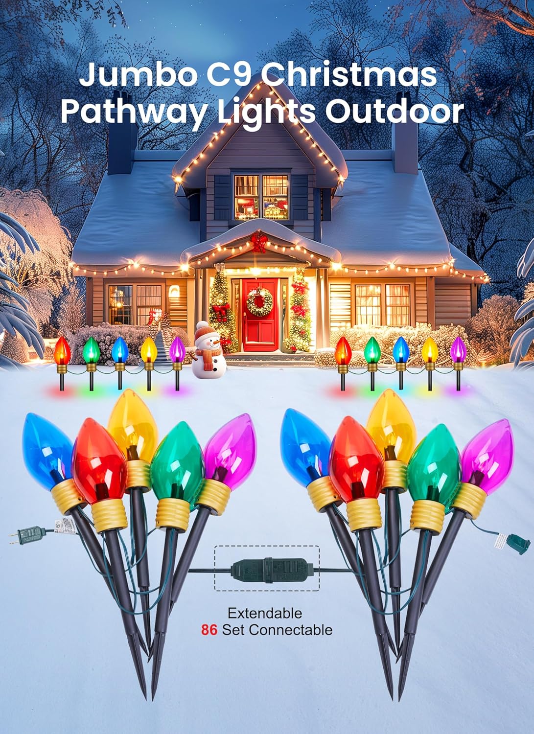 Christmas Lights Jumbo C9 Outdoor Lawn Decorations with Pathway Marker Stakes, 4 Pack 10.5 Feet String Lights Covered Jumbo Multicolored Light Bulb for Holiday Outside Yard Garden Decor, 20 Lights
