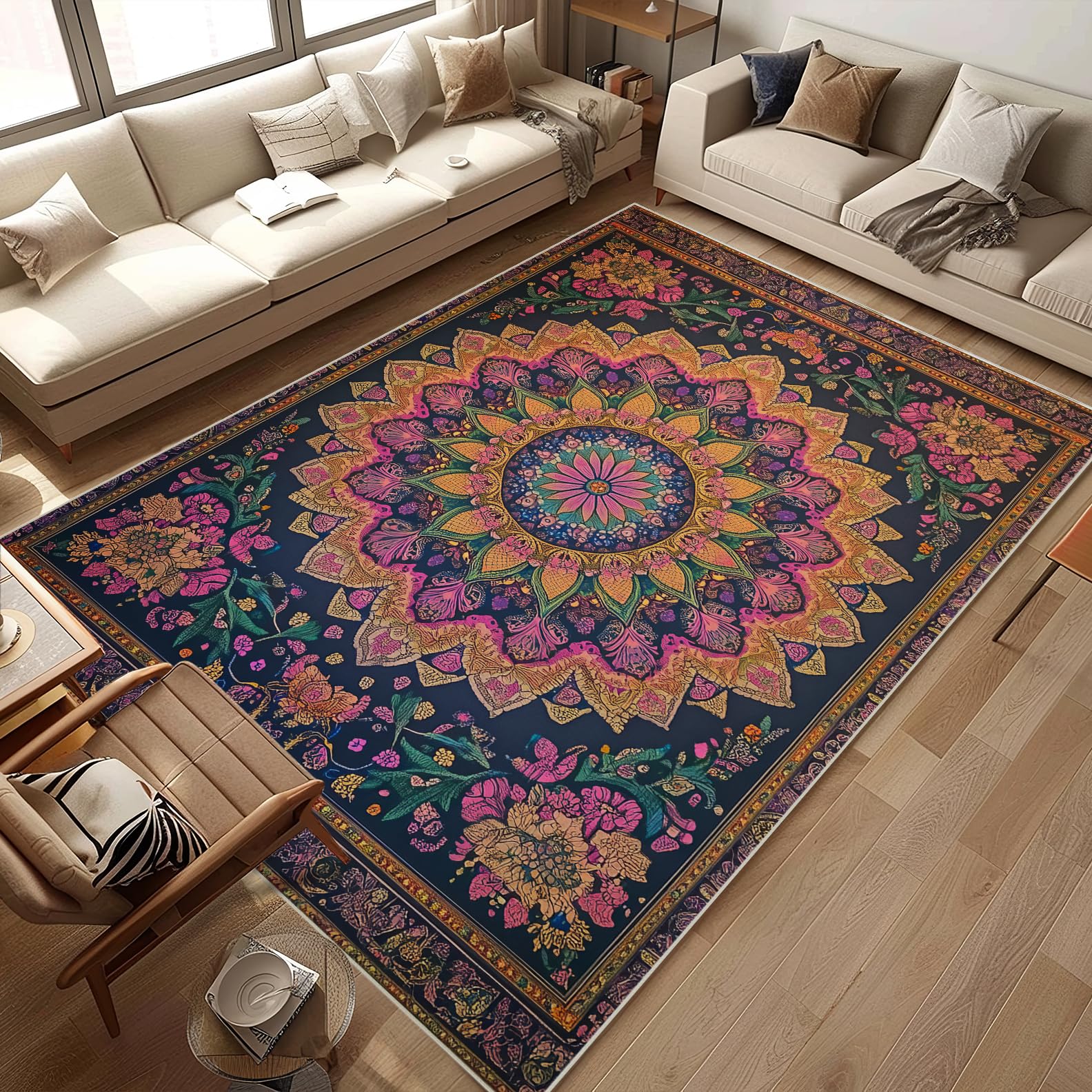 Floral Area Rug 4x6 Vintage Flower Carpet Washable Door Mat Low Pile Indoor Outdoor Floor Rugs Boho Soft Non Slip Rug for Living Room Bedroom Beside