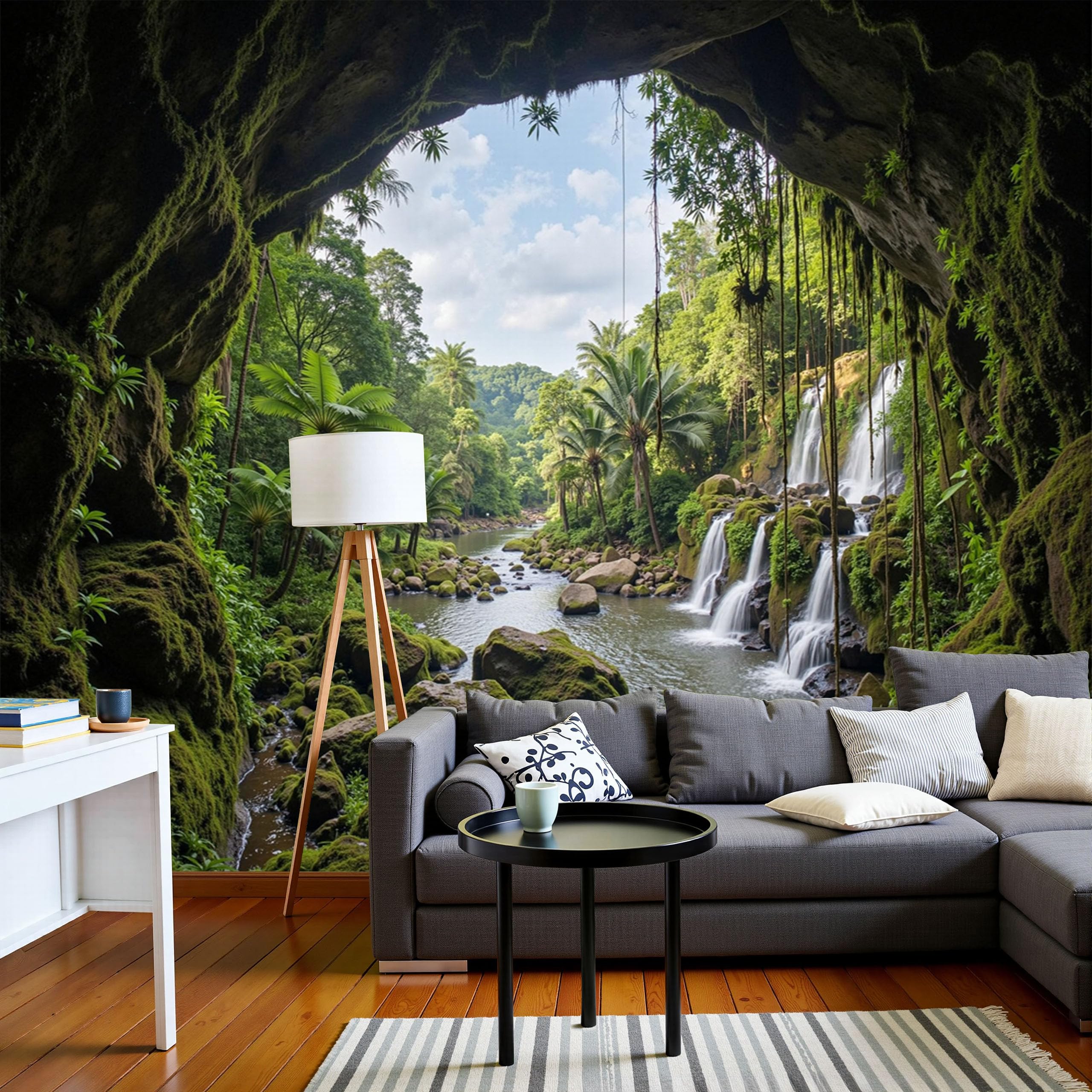 Fresque murale jungle tropicale créant une oasis de verdure dans le salon