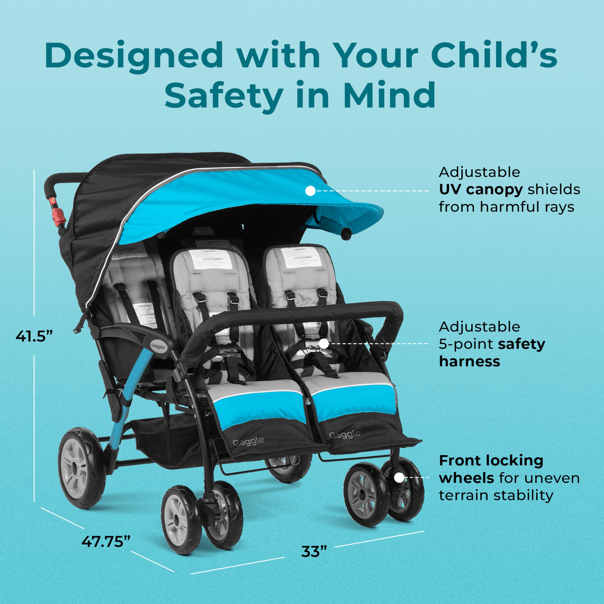 Gaggle Compass Quad 4-Sitzer-Kinderwagen, UV-blockierendes Verdeck, 5-Punkt-Gurt, Blaugrün