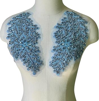 1 Pair Handmade Rhinestons Appliques DIY Clothing Appliques Patch,10.7in *5.9" in Wedding Dress Decoration,Leaf Flower Applique Light Blue